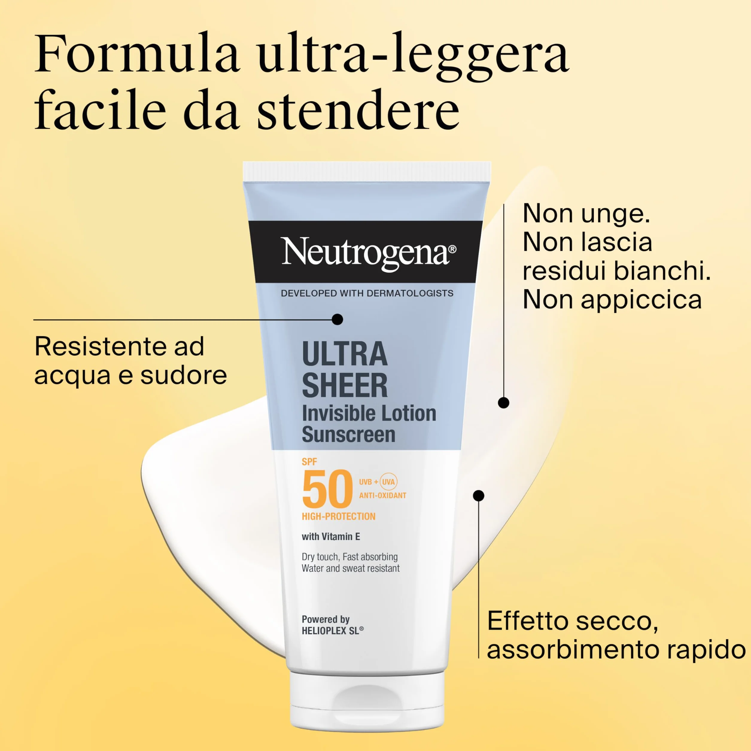 Neutrogena Ultra Sheer Lozione Idratante Invisibile Protezione Solare SPF 50 200 ml, Crema solare 50 viso e corpo con Vitamina E, Waterproof, Per tutti i tipi di pelle, Ultra-leggera, Senza profumo