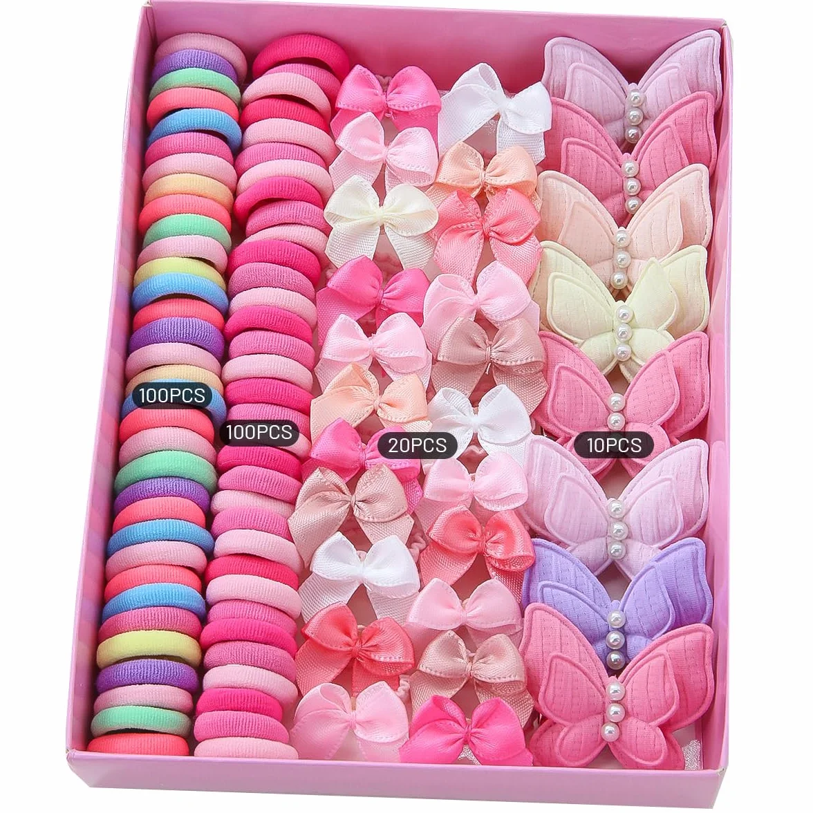 Set di accessori per capelli da bambina, 230 pezzi, clip a farfalla e fasce elastiche, rosa e multicolore
