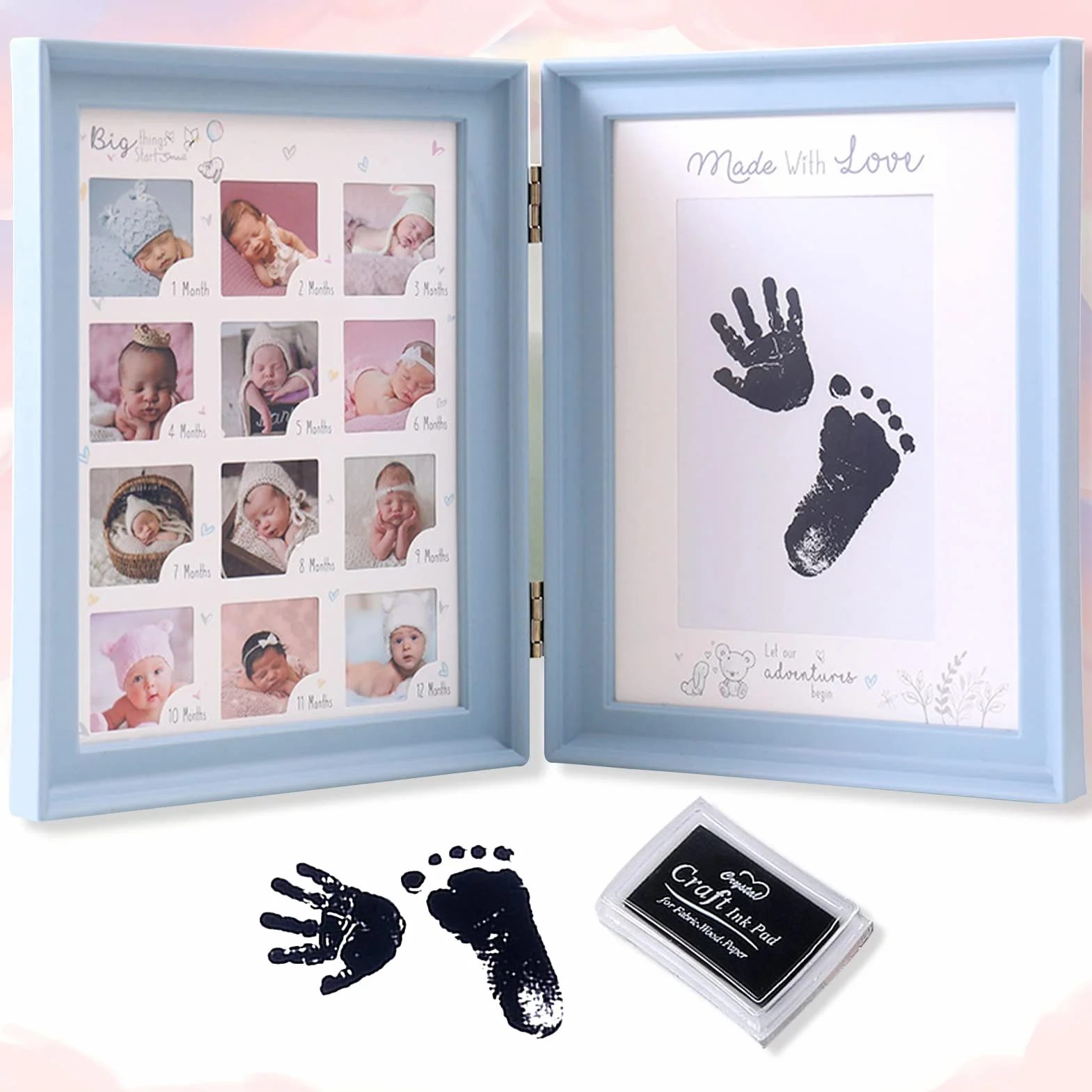 LEcylankEr Impronta Mani e Piedi Neonati, Portafoto 12 Mesi Regalo Battesimo Bimbo,Cornice per Foto Pieghevole a Due Vie con Tampone di Inchiostro Ricaricabile Nero (blu)