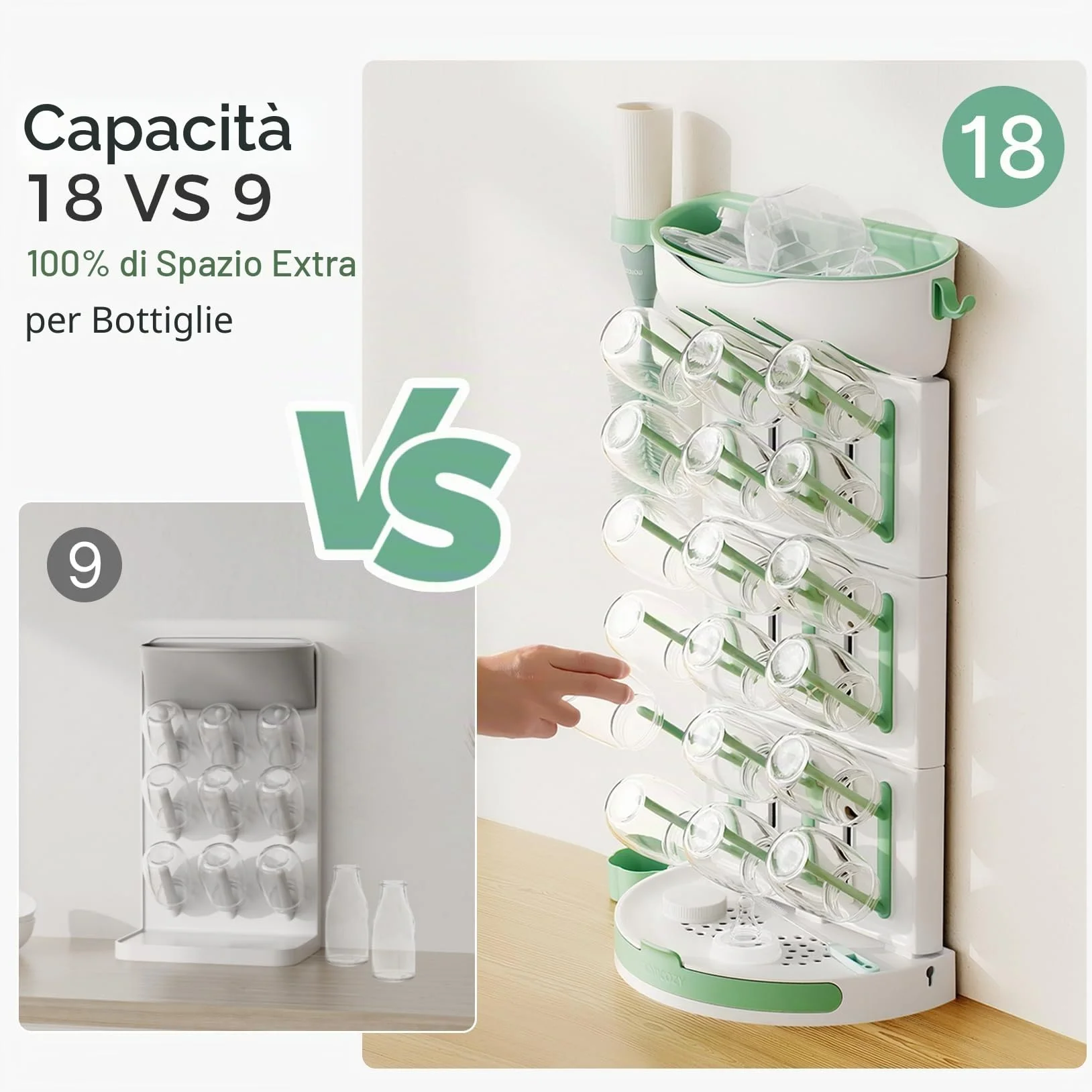 Momcozy Stendibiancheria verticale per biberon, grande capacità, 18 unità, design modulare compatto con portaspazzole integrato, asciugabottiglie per tettarelle, tiralatte e accessori