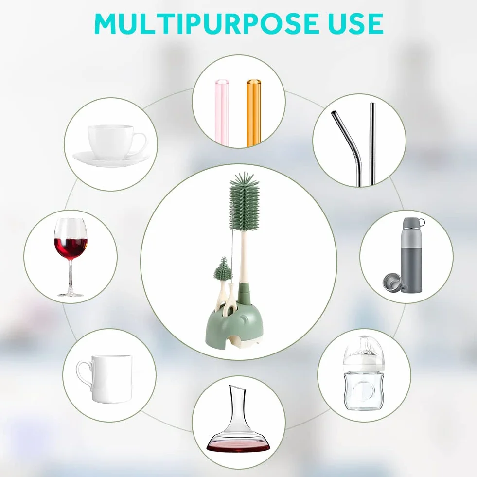 Vicloon Spazzola per Biberon, 3 Pezzi Silicone Pulizia Biberon e Ciuccio con Base per Riporre, Scovolino in Silicone per la Pulizia Tettarella, Cannucce, Verde-Base