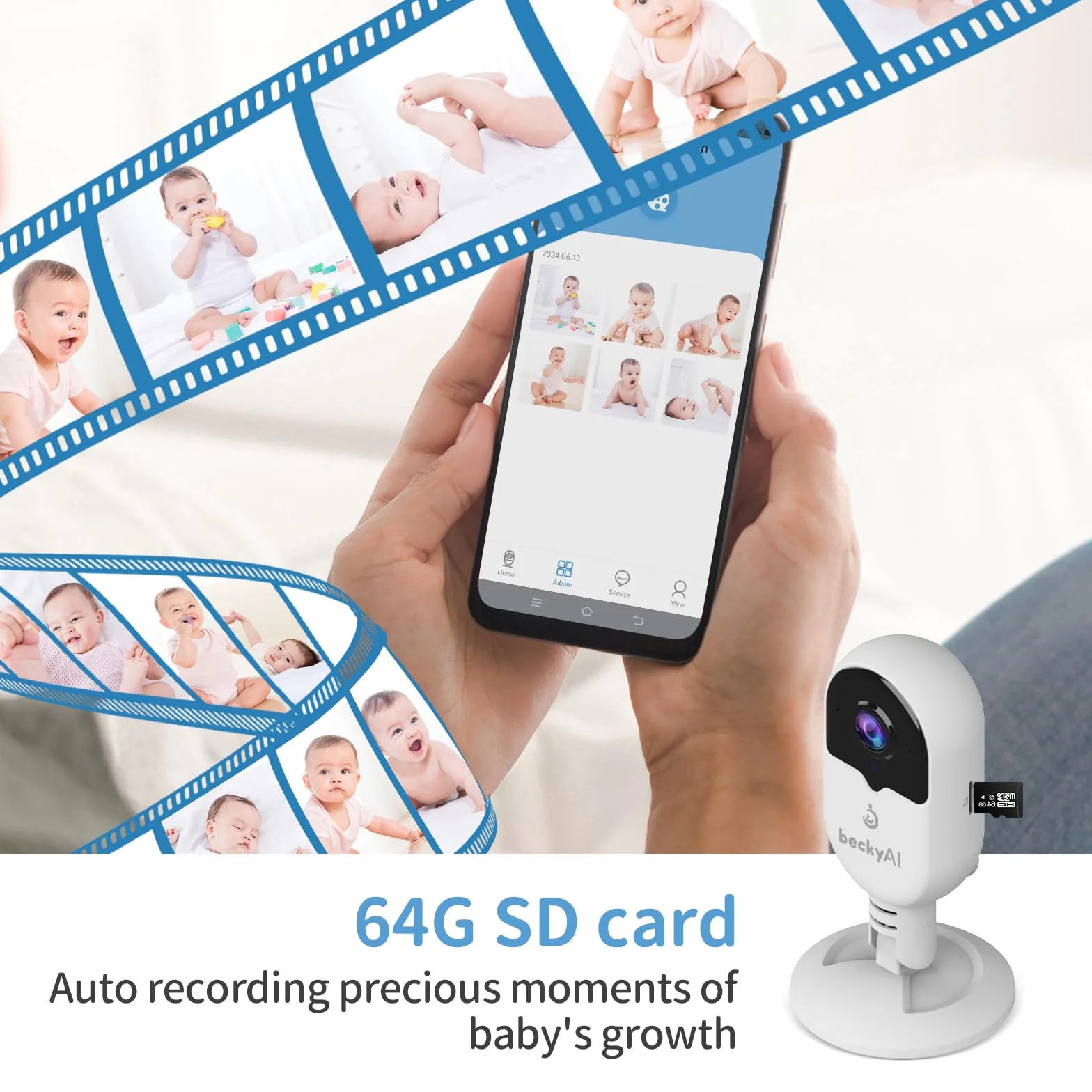 Becky Ai Intelligente Baby Monitor, Monitoraggio Respiratorio, Analisi del Sonno, Allarme di Sicurezza per Soffocamento, Visione notturna 2K HD, Condivisione di Dati Criptati, Android/IOS Compatibili