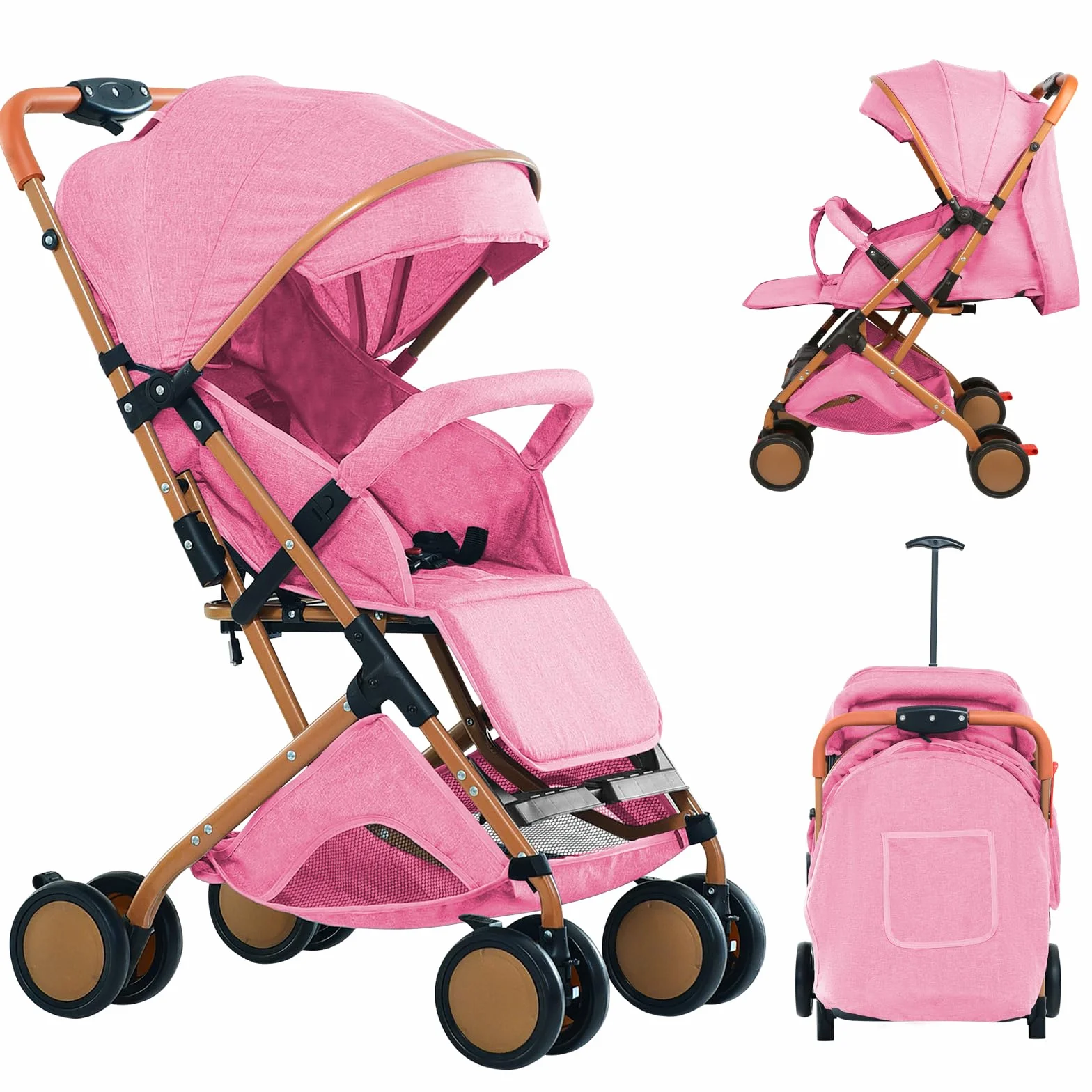Passeggino Canne leggero e compatto, regolazione dello schienale fino alla posizione sdraiata, 45x71x98 cm, seduto/sdraio/spingere/tirare, zanzariera in cotone rosa