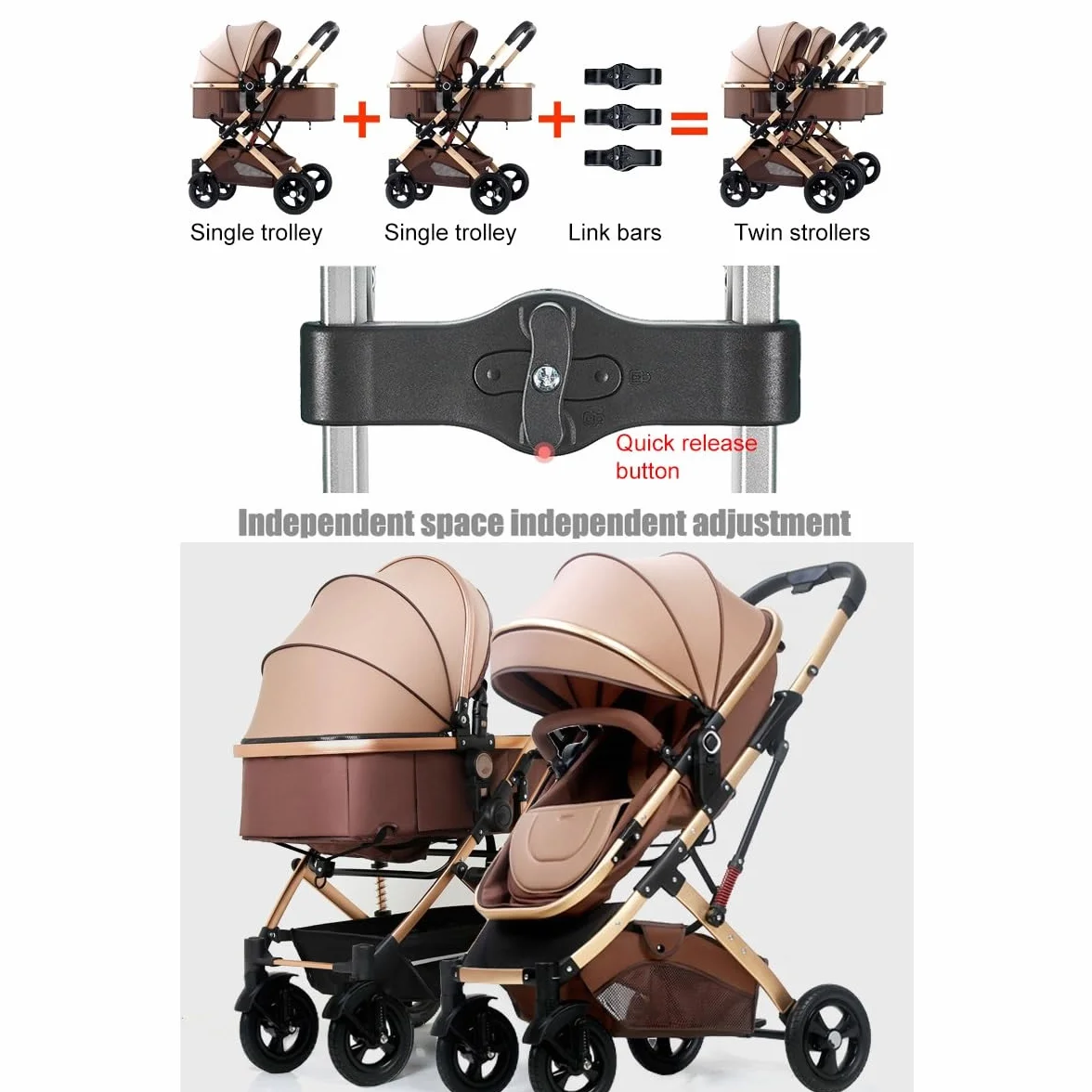 LEIYTFE Passeggino Doppio per Bambini Passeggino Gemellare Staccabile Side By Side, Carrozzina Leggera con Sedute Reversibili,Passeggino Tandem per Bambini (Color : Grey)