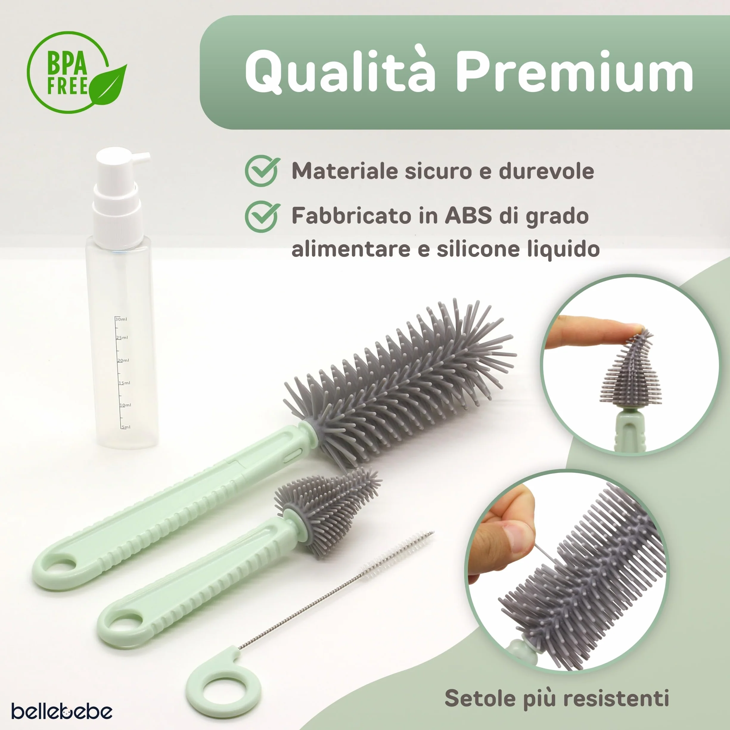 BELLEBEBE Set Escurre Biberones con Limpia Biberones - 6 en 1 Kit Cepillo Limpia Biberones con escurre biberones Plegable - Portatil - Transportable - Regalo para Bebe - SIN BPA - Verde