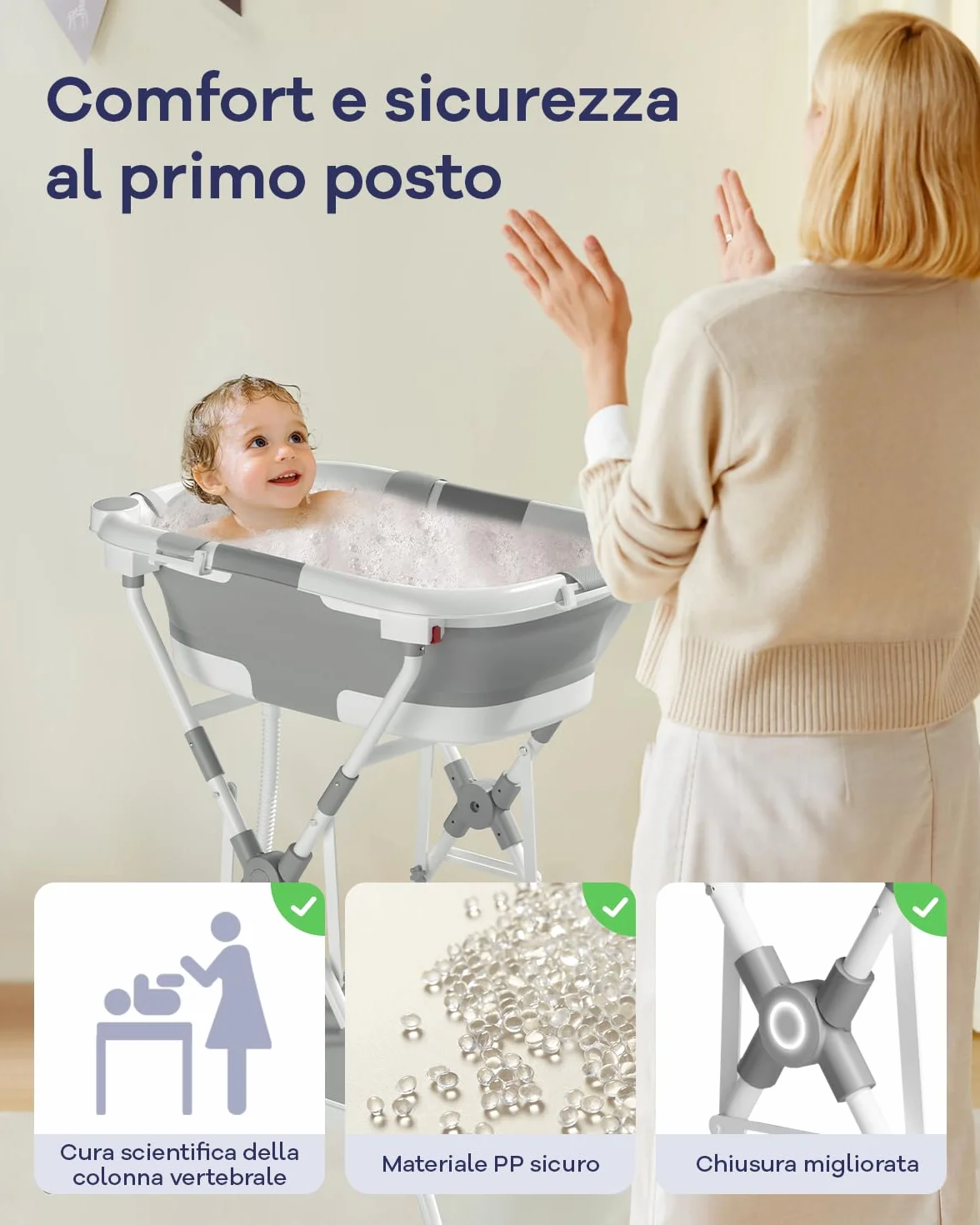 2 in 1 Bagnetto neonato con supporto, vaschetta da bagno con rete di sostegno per neonati e bambini piccoli, design multiuso e pieghevole per riporla facilmente, grigia