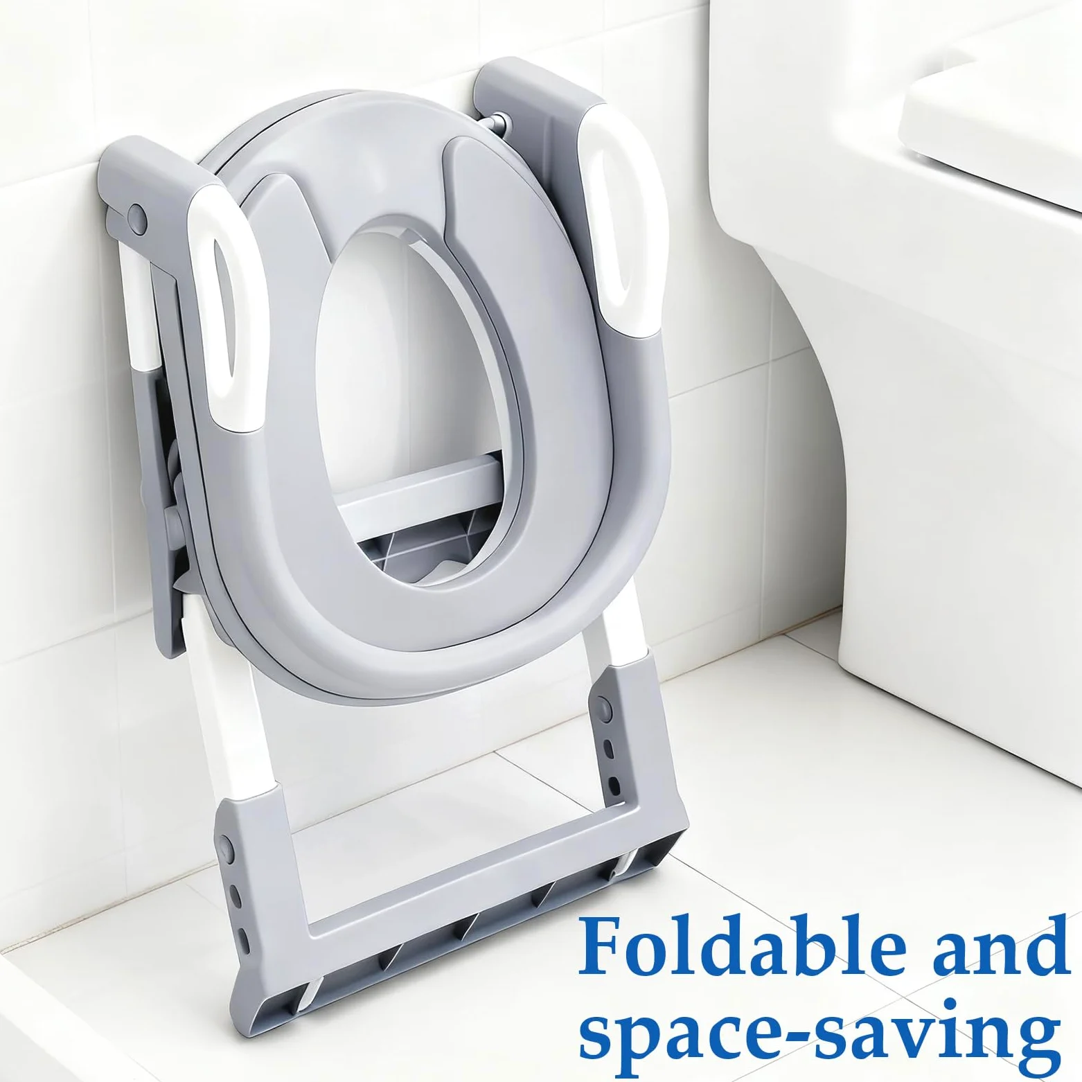Riduttore WC Bambini 3 in 1 con Scaletta e Cuscino Rimovibile, Altezza Regolabile, Antiscivolo con Rivestimento in PU Morbido, Adattore Water Pieghevole per Addestramento (2-7 anni, Grigio)