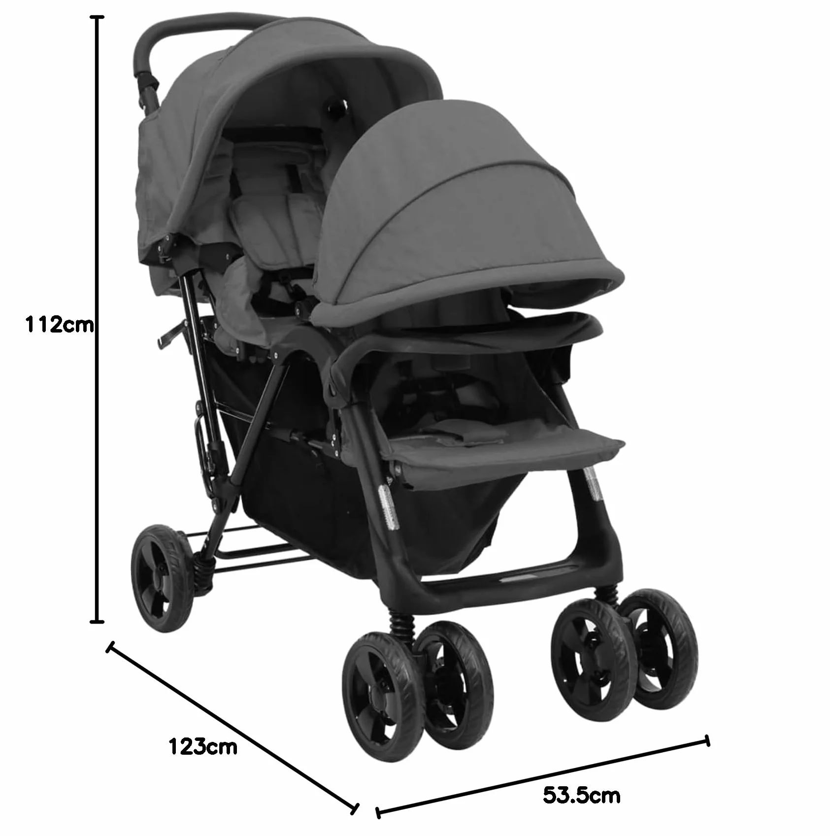 LAPOOH Passeggino Gemellare a Tandem Grigio Scuro in Acciaio,Bebè e bimbi,Trasporto bebè,Passeggini(SPU:10348)