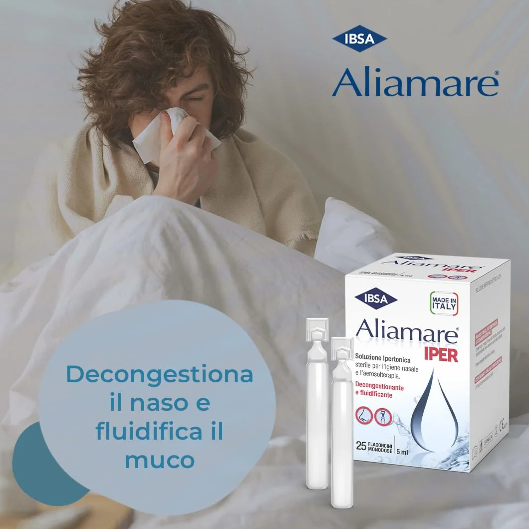 IBSA Aliamare Iper – 25 Flaconcini Monodose | Soluzione Ipertonica (3%) di Acqua di Mare. Decongestiona Il Naso e Fluidifica Il Muco