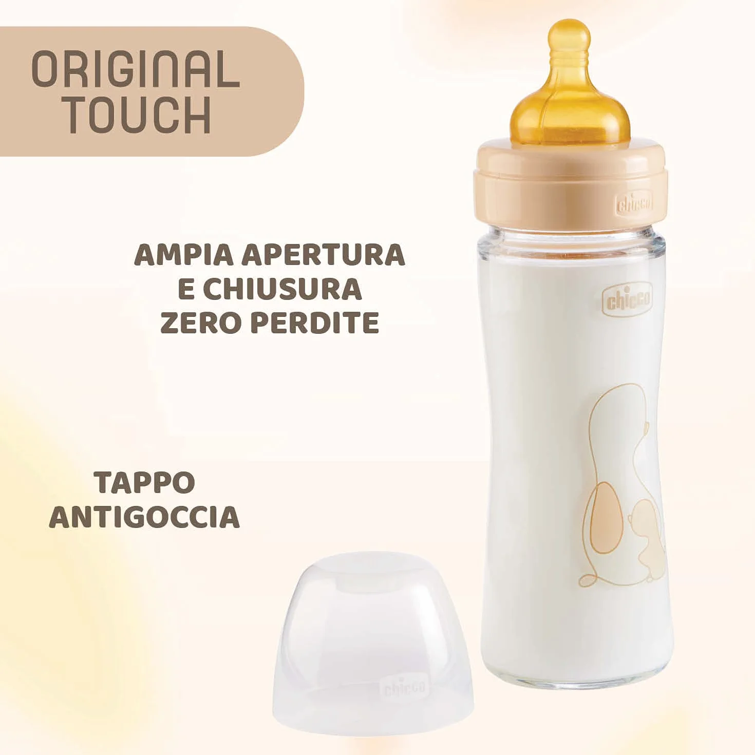 Chicco Original Touch Biberon, Vetro, Neutro, Flusso Lento, Beige, 240 ml