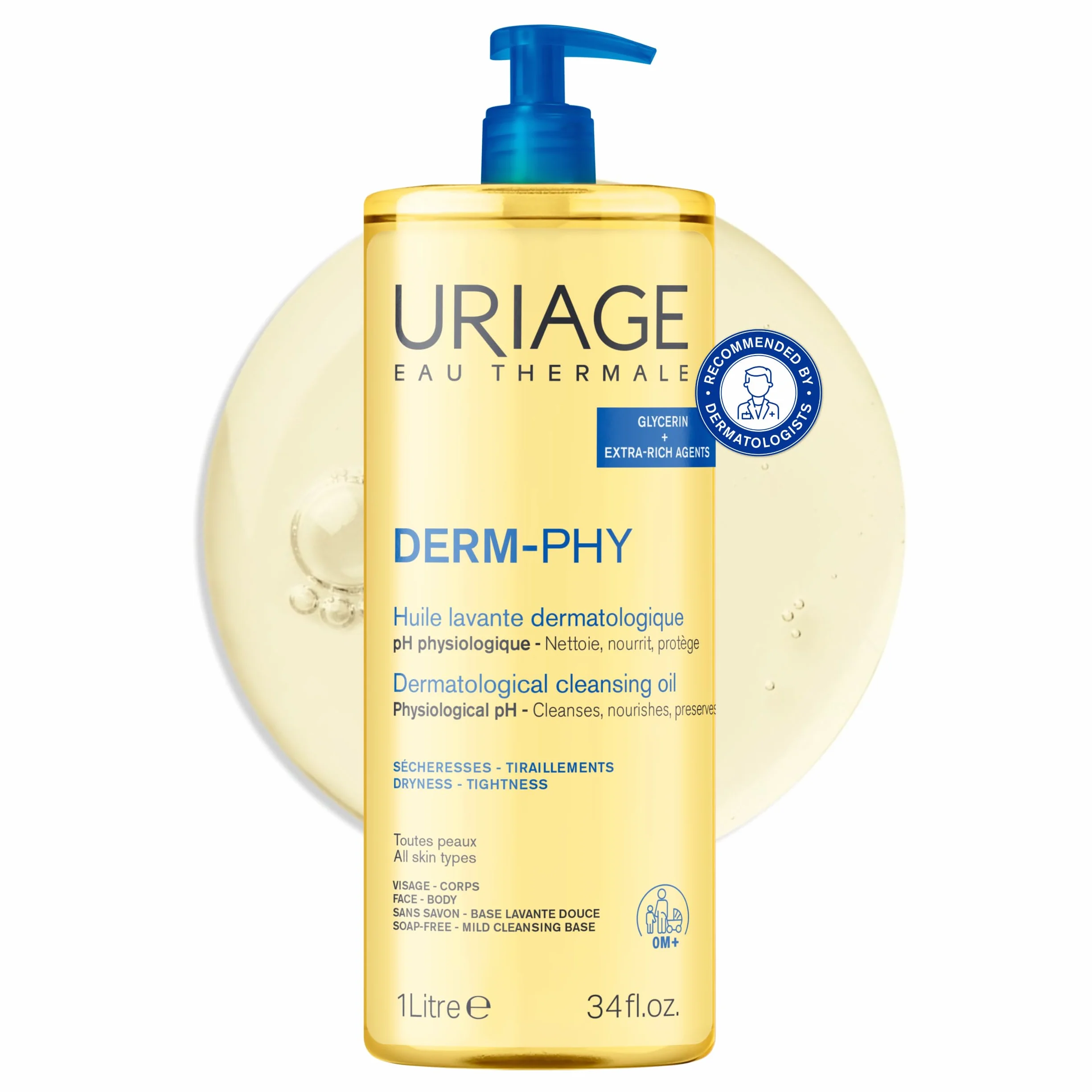 Uriage Derm-Phy - Olio da doccia da 1 l, detergente per viso, corpo, pelli secche, sensibili, pulisce, nutre, previene l'essiccazione, 25% glicerina, agenti extra ricchi, pH fisiologico, senza sapone