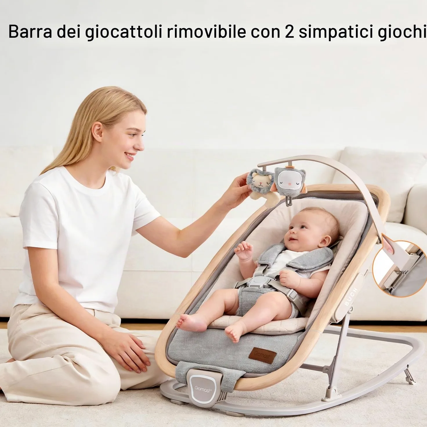Gromast Sedia a dondolo 2 in 1 per neonati, dondolo portatile con 3 posizioni reclinabili, giocattoli da appendere e borsa da viaggio - Grigio chiaro