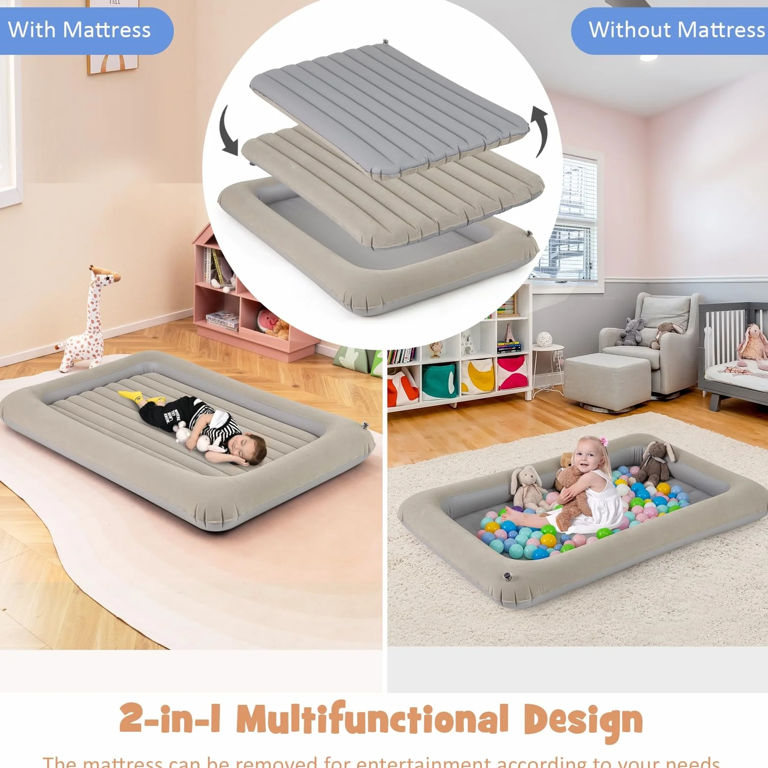 LIFEZEAL Materassino Gonfiabile per Bambini, Materasso Floccato, Lettino, Portabile, Parco di Gioco, Staccabile, con Tasca, Pompa Elettrica, Kit di Riparazione, Max 150 kg, 165x118x20 cm (grigio)