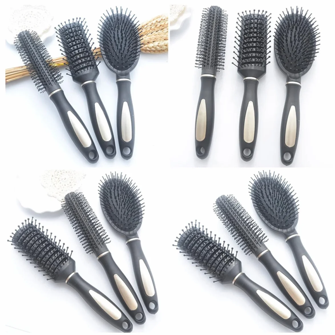 Pettini Massaggianti Antistatici con Manico Ergonomico Set 3 in Plastica Colore Nero per Capelli Ricci, Adatti per Salone e Casa