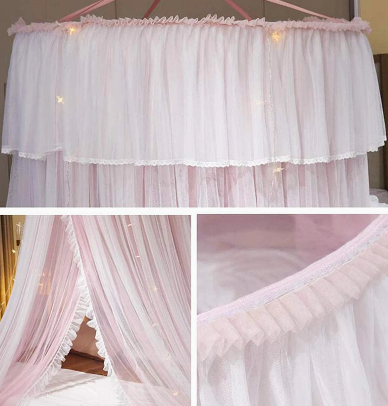 VARWANEO Tenda a baldacchino per letto da principessa, tenda a baldacchino a doppio strato in rete velata, zanzariera per letto matrimoniale, king size, rosa e bianco