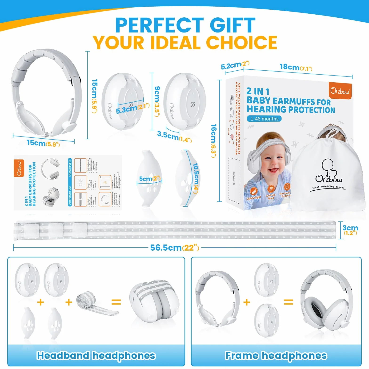 Orzbow 2 in 1 Cuffie Neonato Antirumore per 1-48 Mesi,Regolabile Cuffie Antirumore Bambini con Fascia Elastica,Leggero,28dB SNR,Previene i Danni Dell’udito & Migliora il Sonno in Viaggio