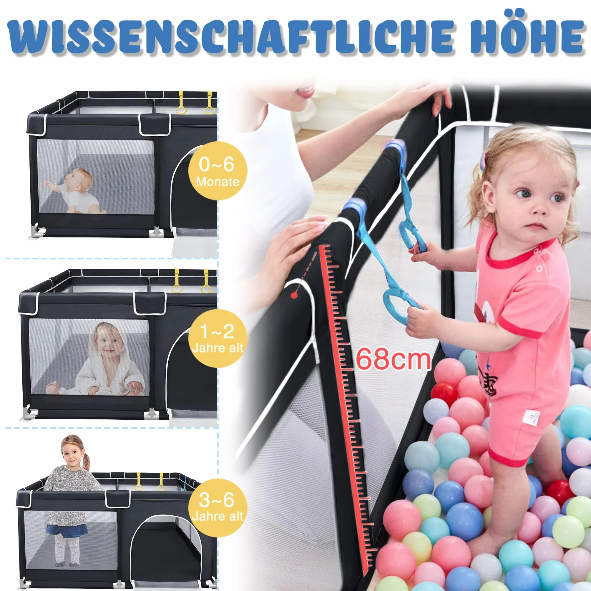 FIVMEN Box per bambini, 127 x 127 cm, con 50 palline, rete traspirante e 4 anelli, centro attività, griglia di protezione, colore: nero