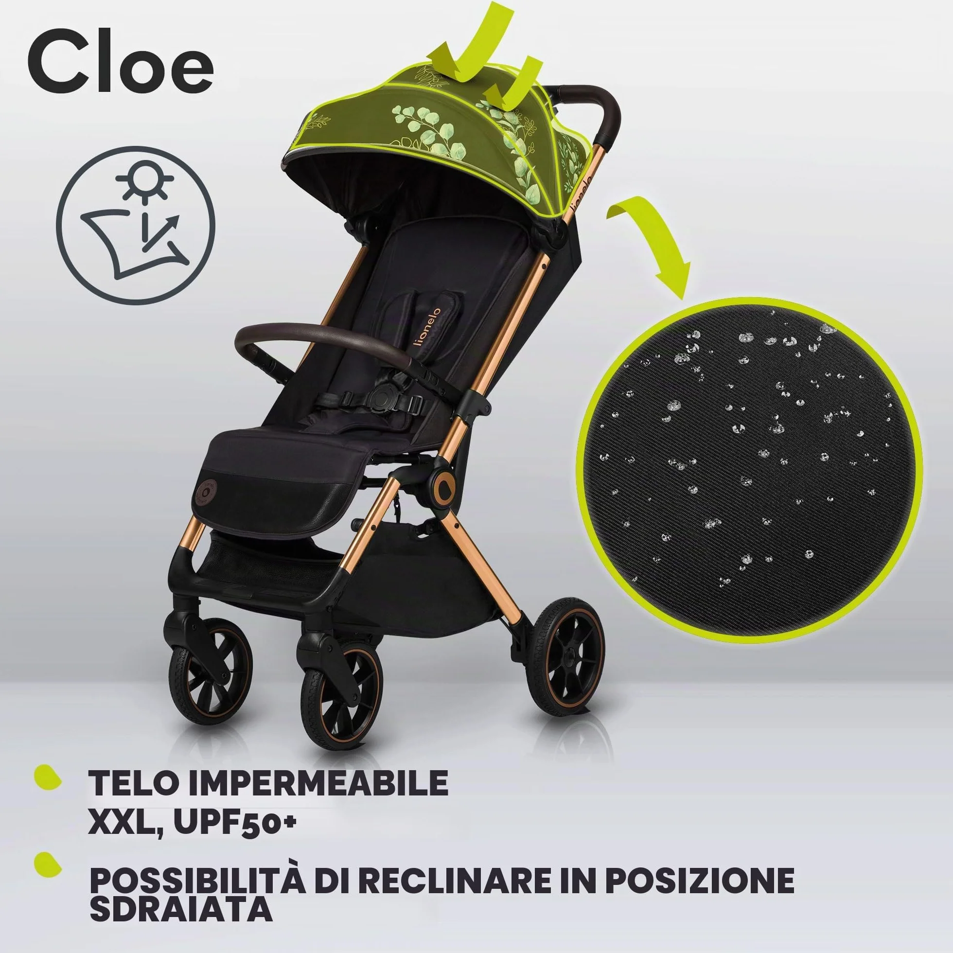 LIONELO Cloe Passeggino leggero e pieghevole per bambini da 0 fino a 22kg Schienale regolabile Posizione nanna Impermeabile, Cinture a 5 punti, Ruote XXL, Zanzariera, Portabicchieri (Momenti d'oro)