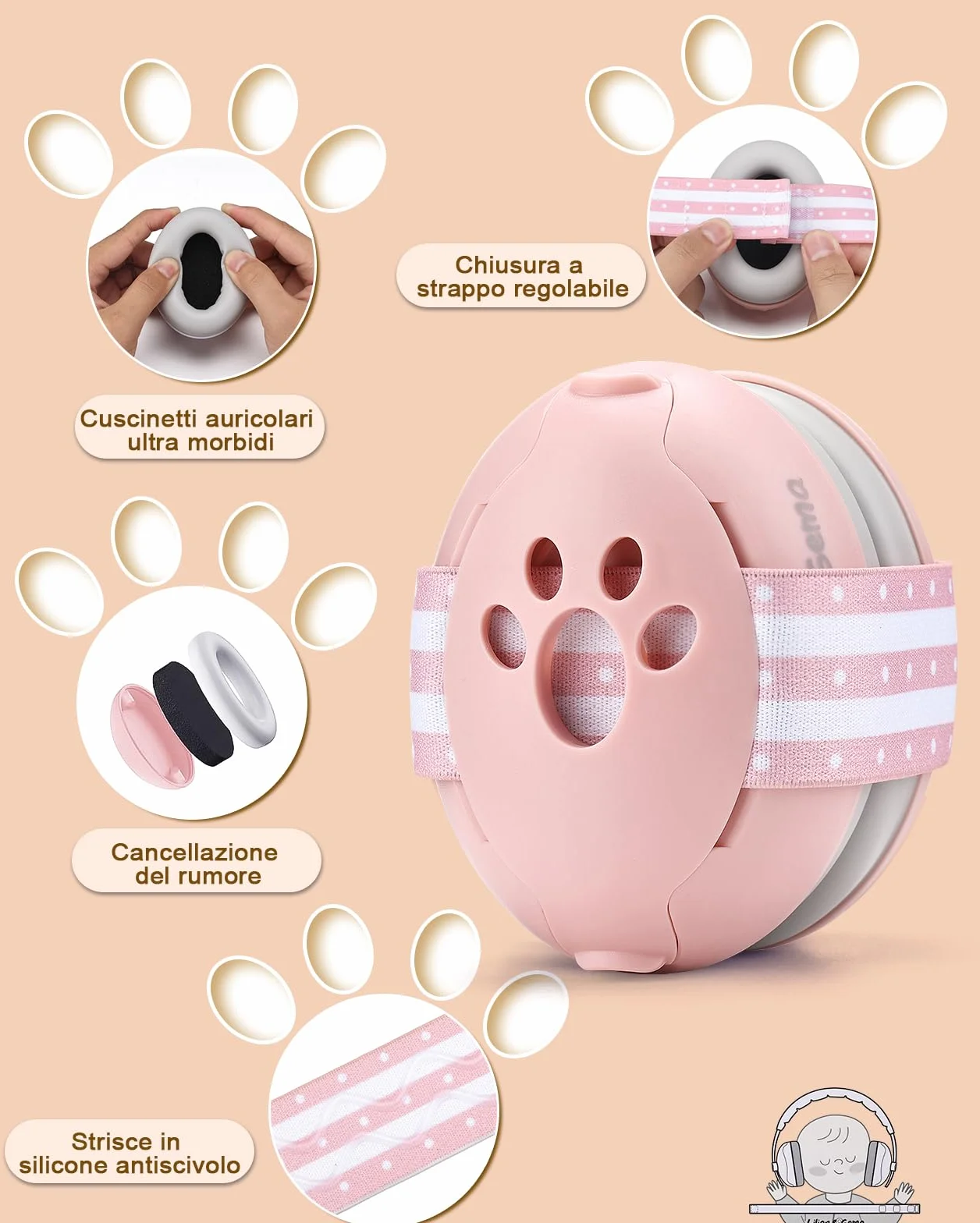Lilian&Gema 2 in 1 Cuffie Neonato Antirumore -25dB,Protettori acustici per neonati, archetto regolabile, antiscivolo e antistress, protezione acustica ideale per neonati fino a 48 mesi
