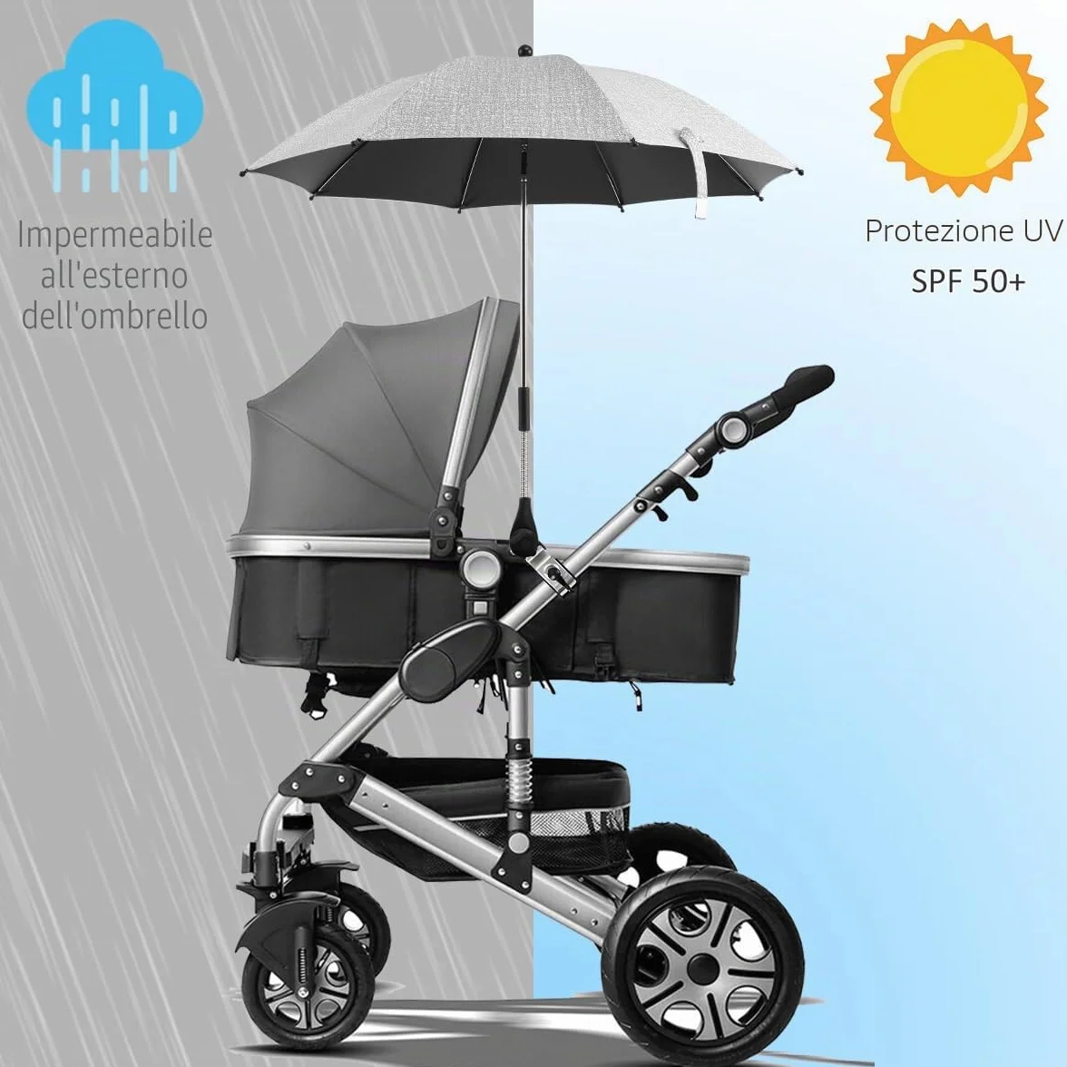 Ombrello Passeggino Universale Anti UV 50+, Ombrellone Passeggino Universale con Morsetto Regolabile e Braccio Regolabile, Ombrello Passeggino Comfort per Esterni Spiaggia Giardino