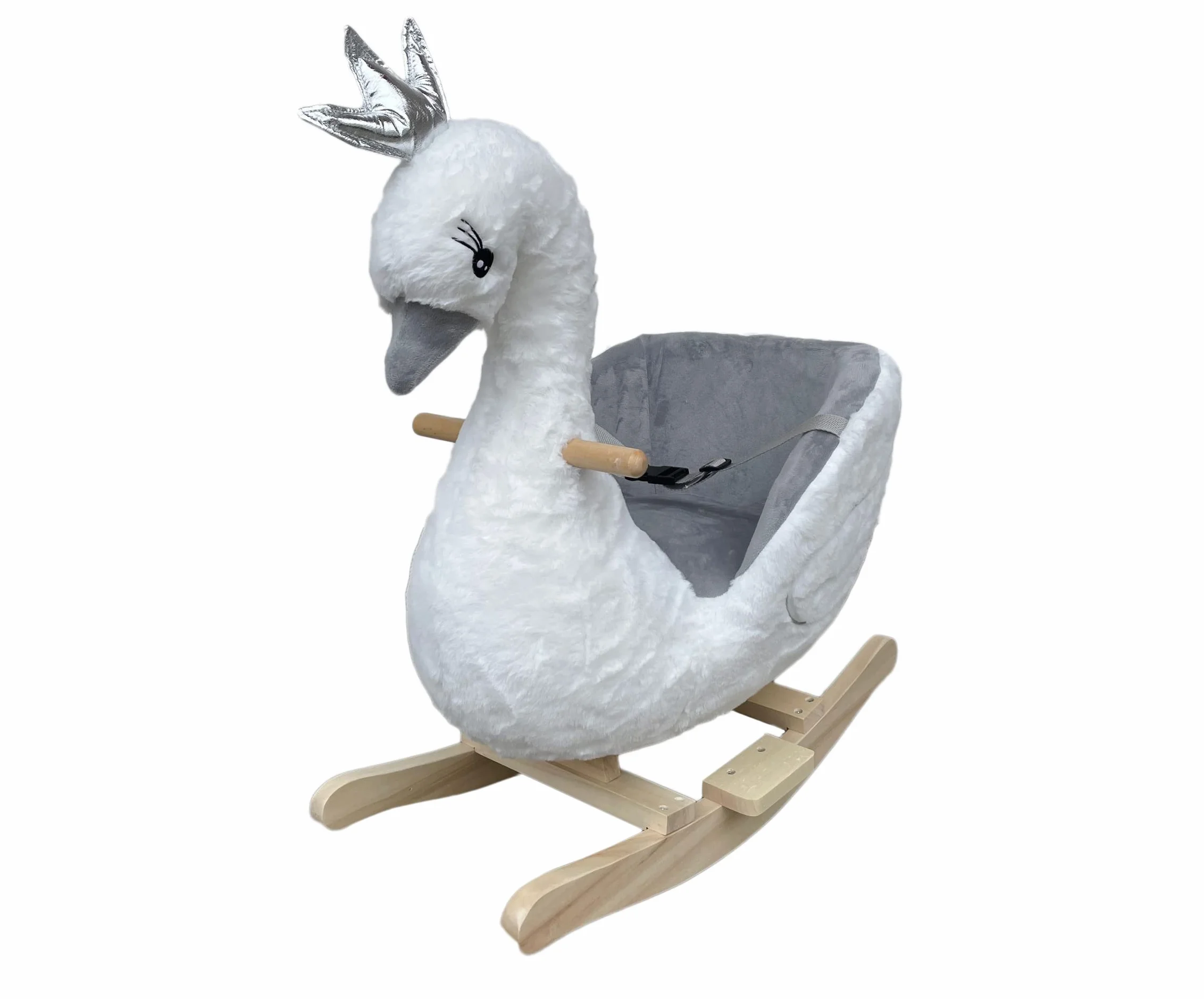 Sedia a dondolo in peluche a forma di cigno su dondoli in legno