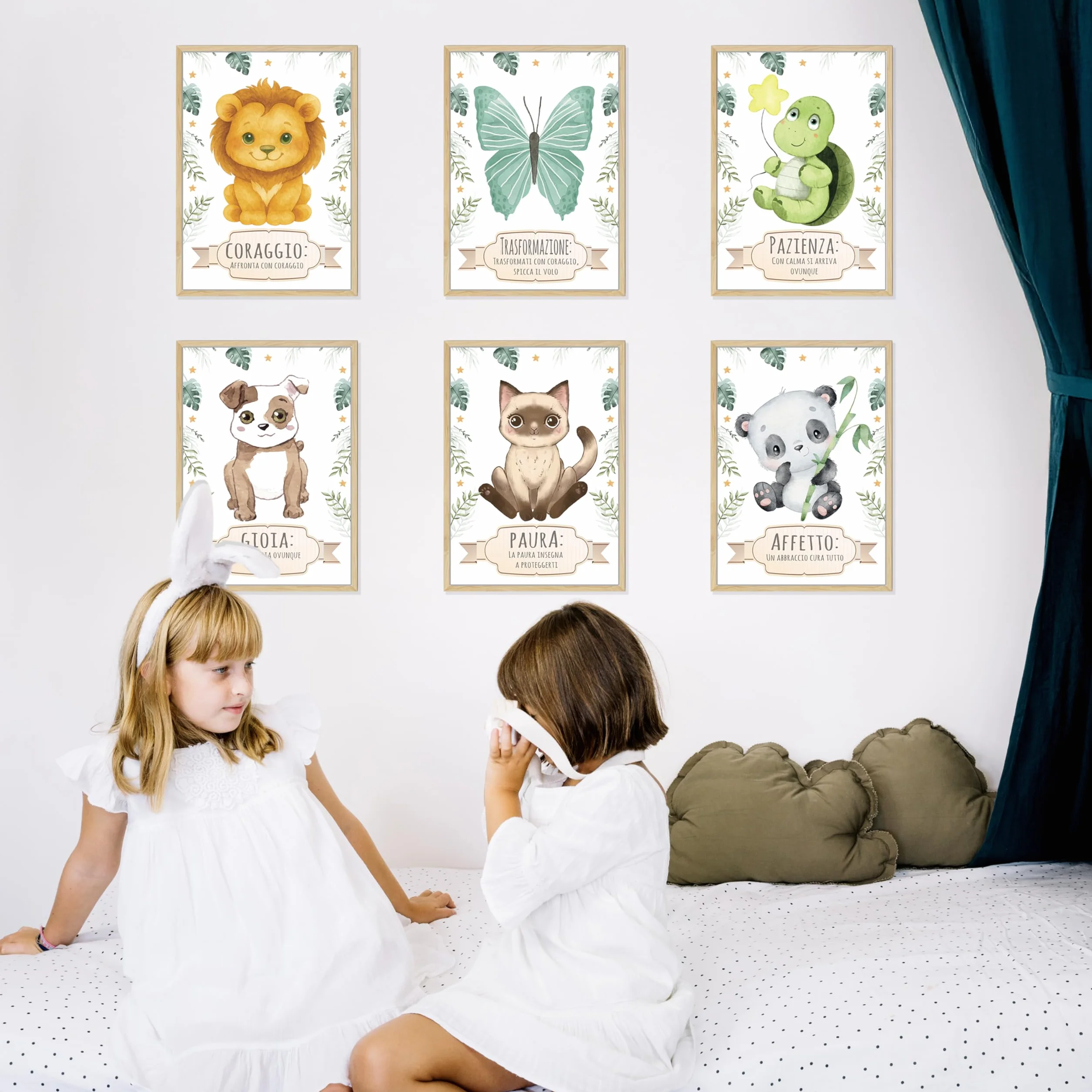 NAÏZAYA Cameretta Bambina Bambino Decorazioni - Set 6 Poster Quadri Animali 21x30cm - Frasi Motivazionali Italiano, Senza Cornice