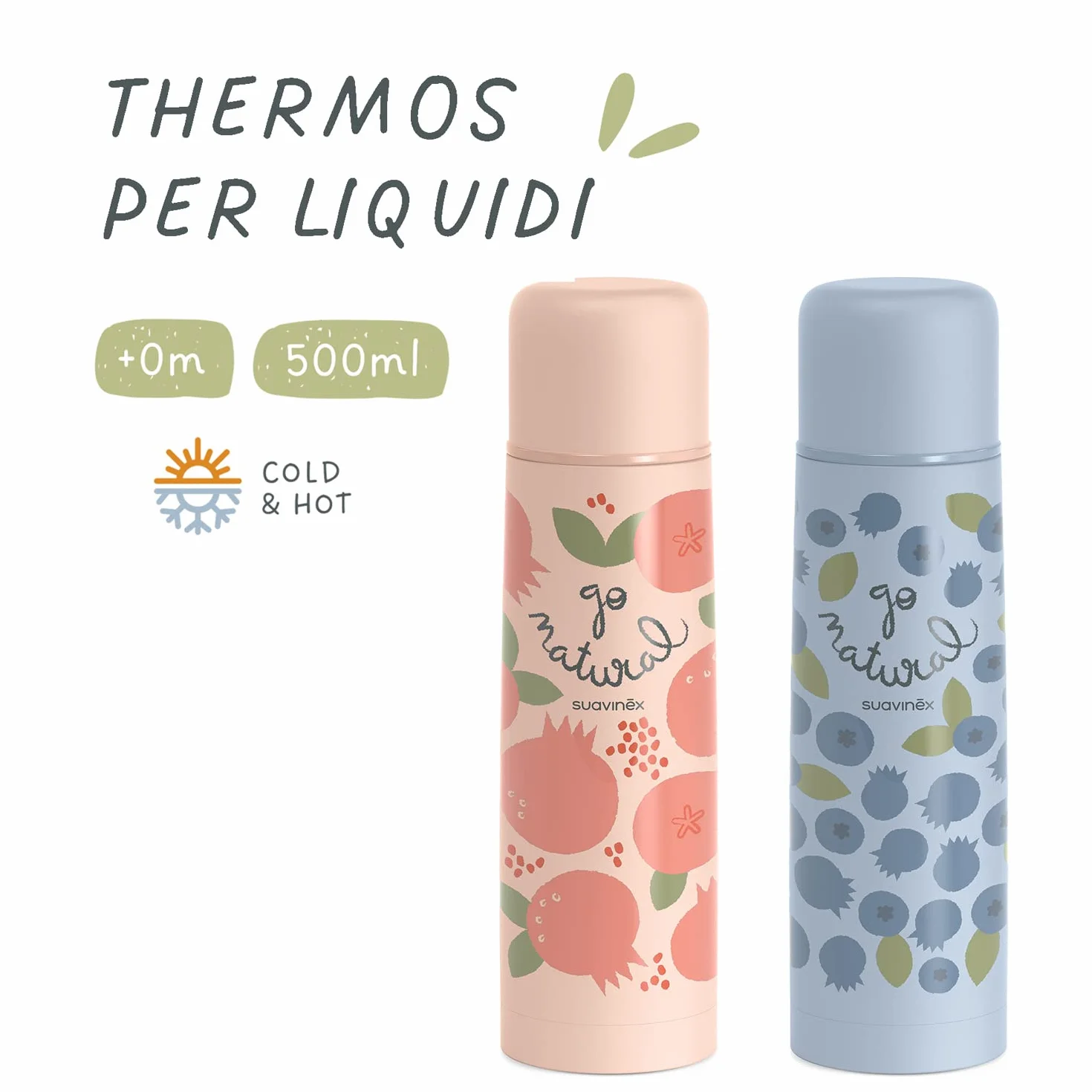 Suavinex, Thermos liquido per bebè, in acciaio inox, con chiusura ermetica, per bevande calde e fredde, 500 ml, motivo mirtillo, colore blu