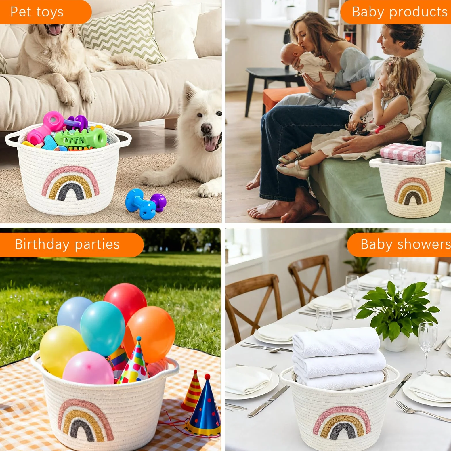 Cesto portaoggetti, in tessuto con corda di cotone, decorazione arcobaleno, per asciugamani, giocattoli, vestiti