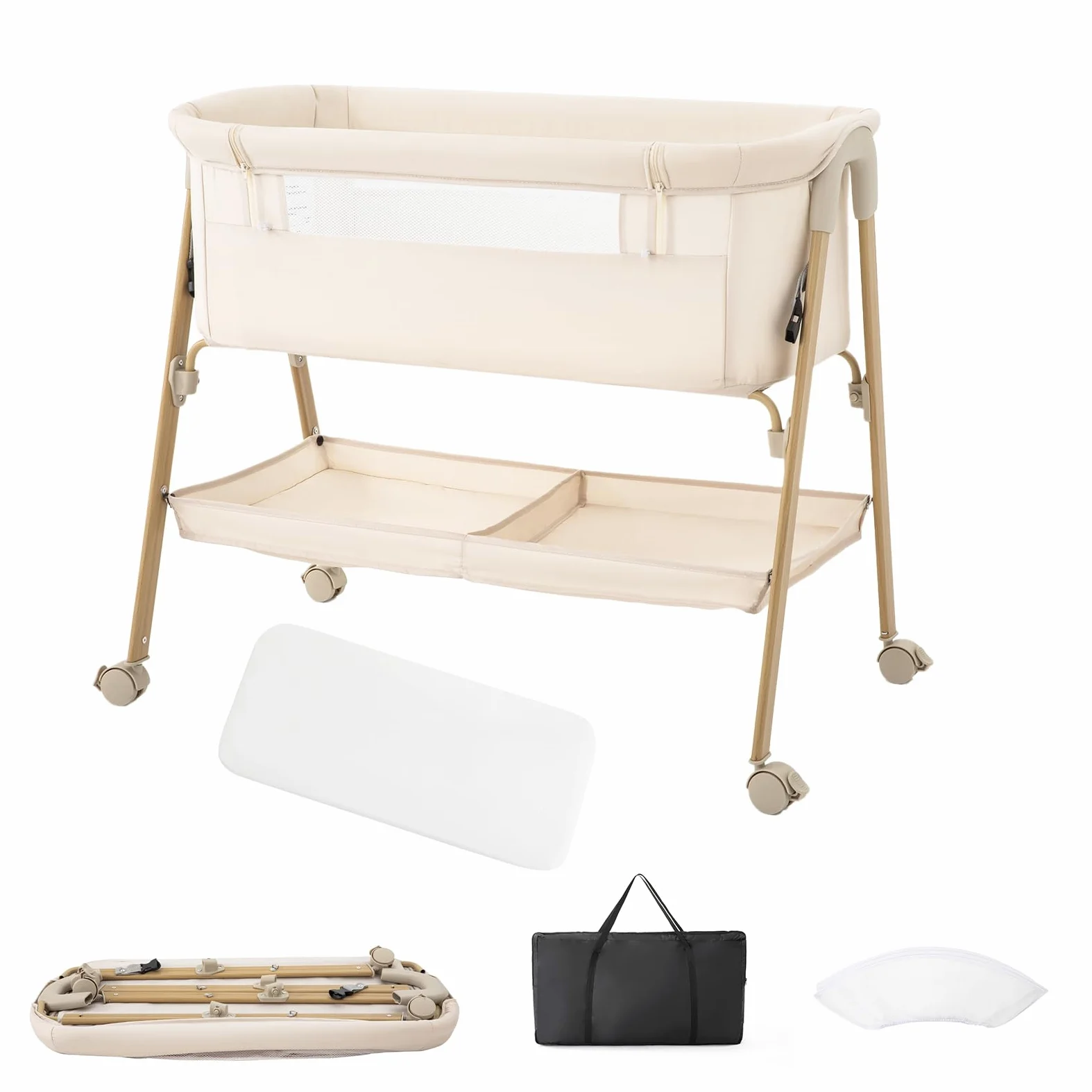 Zkiprm Culla Co-sleeping, Culla da affiancare pieghevole, Facile da montare, con Lettino rimovibile, Zanzariera, 4 Ruote bloccabili | Buona Circolazione dell'Aria | Peso max: 9 kg | 0–6 mesi（Beige）