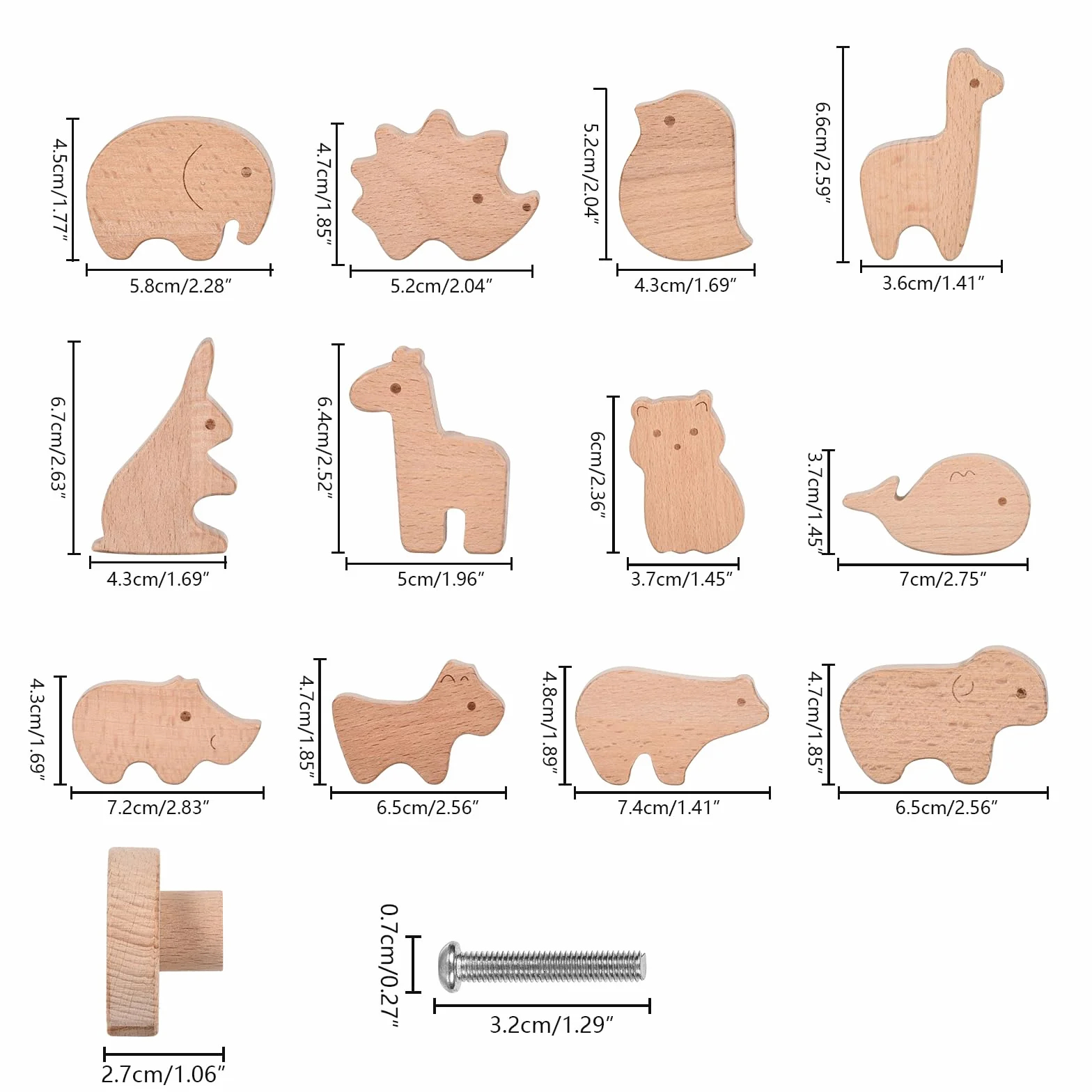 12 maniglie per cassetti in legno, a forma di animale, per bambini, per cameretta dei bambini, con bottoni in legno, con viti