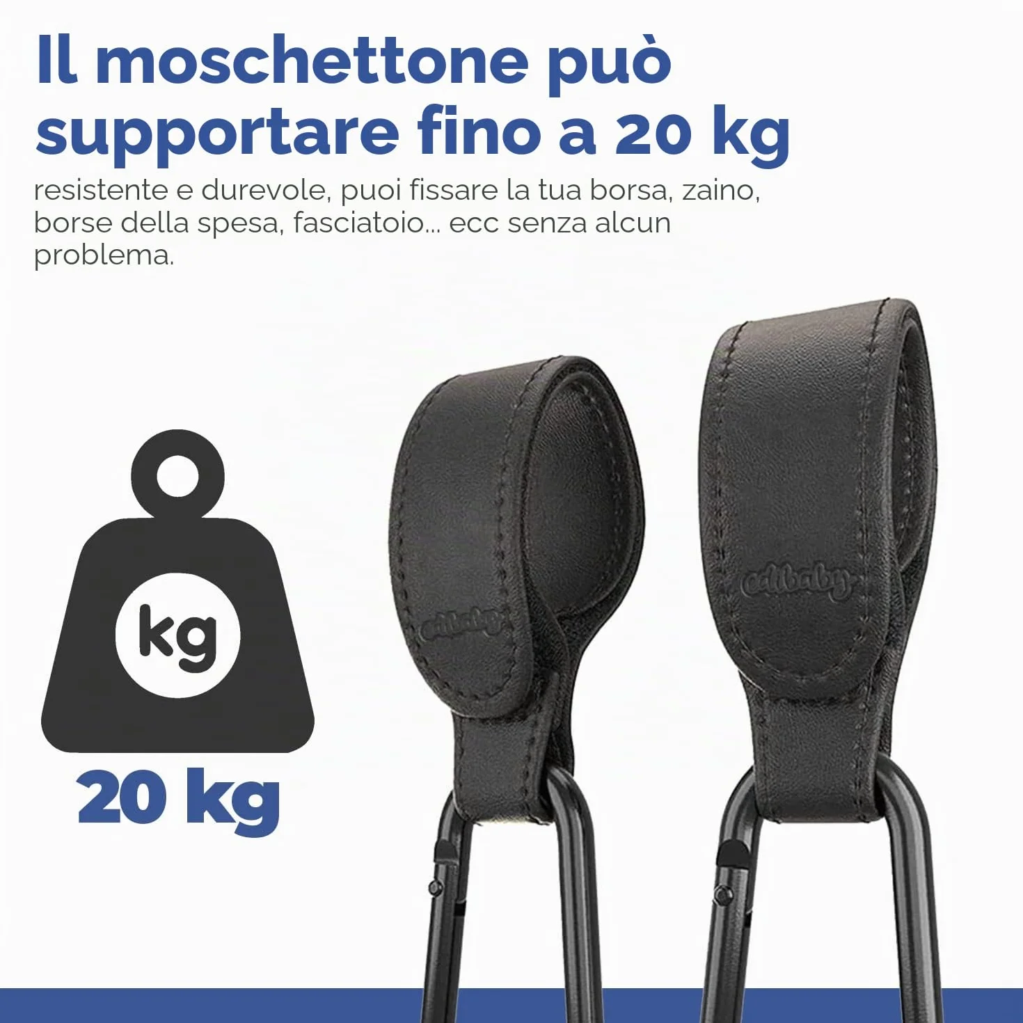 Edibaby, Ganci Passeggino, in Pelle, 2 Unità, Universale, Moschettoni per Carrozzina, per Borsa Passeggino, Zaini, etc (Nero)