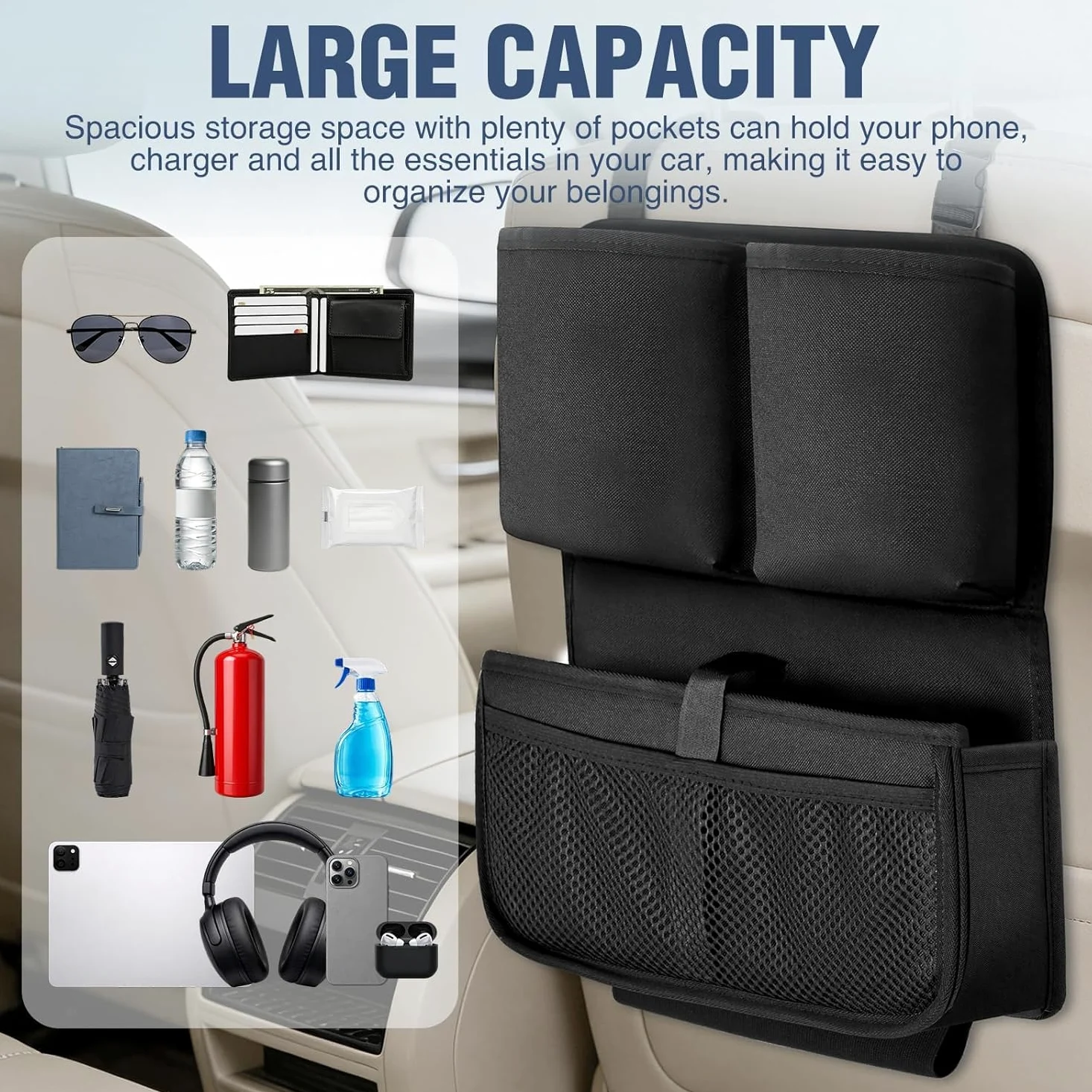 Organizzatore Auto per KIA EV3 2024-2025 | Tasca Portaoggetti Schienale in Tessuto Oxford 600D Impermeabile Salvaspazio Interni