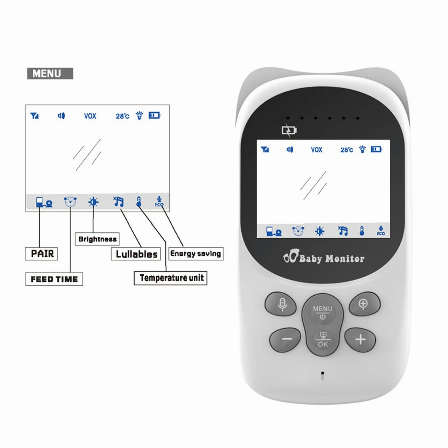 Baby Monitor, Schermo LCD HD da 2,4 Pollici Induzione a Infrarossi Citofono Bidirezionale Baby Camera Monltor, Funzione Musicale Visualizzazione Della Temperatura Ottica Infantile Baby Monitor(UE)