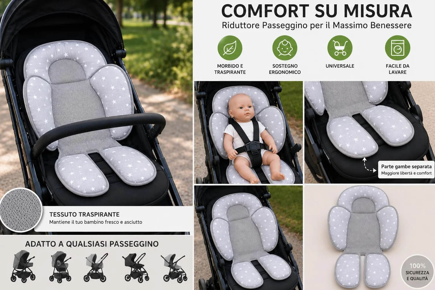 Riduttore Passeggino Universale per Ovetto Neonato Seggiolone Imbottito Traspirante Antisudore e Leggero Incluso Set Ganci Passeggino Universali Non uso auto