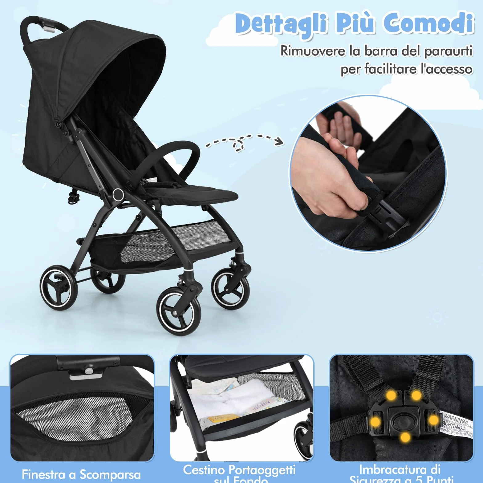 COSTWAY Passeggino Leggero per Bambini, Passeggino Pieghevole con Schienale Regolabile, Tettuccio, Cintura di Sicurezza a 5 Punti, Cestello Portaoggetti, per Bambini 0-36 Mesi (Nero)