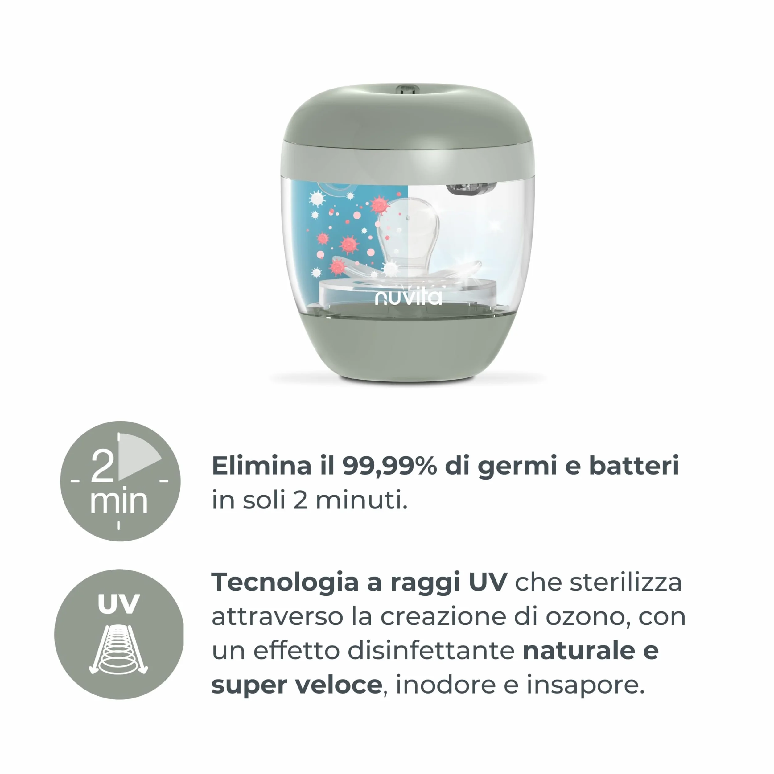 Nuvita 1556 | Sterilizzatore UV portatile MellyPlus per biberon, ciucci e proteggi capezzoli | uccide il 99% dei germi | Senza BPA | Verde salvia