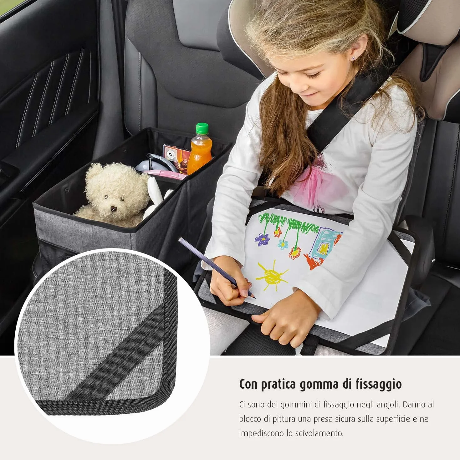 reer TravelKid Play - Kit per colorare per viaggi, leggero e stabile, con tasche pratiche, impermeabile, antimacchia, grigio