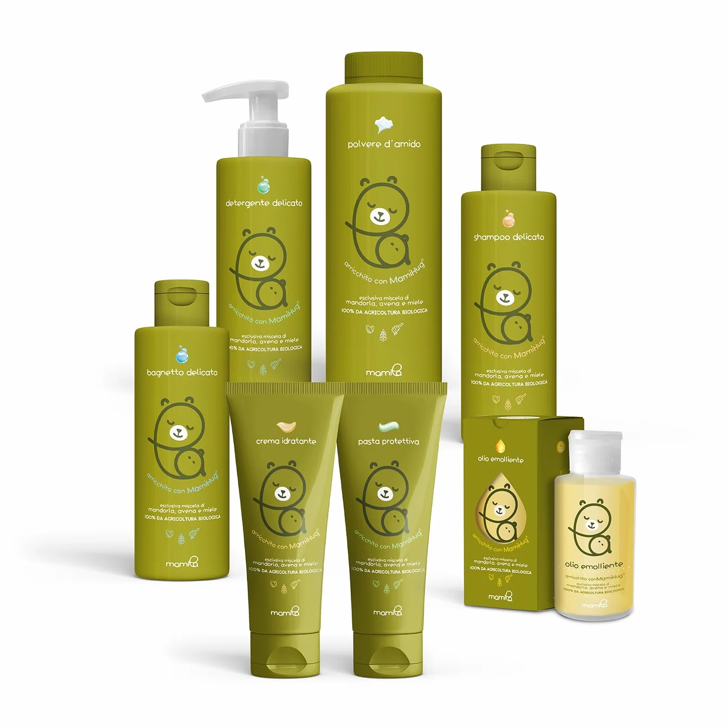 Mamila Set Completo per la Cura del Bambino, 7 Prodotti Essenziali MamiHug, Include Shampoo, Bagnetto, Detergente, Pasta Protettiva, Crema Idratante, Polvere d'Amido, Olio Emolliente