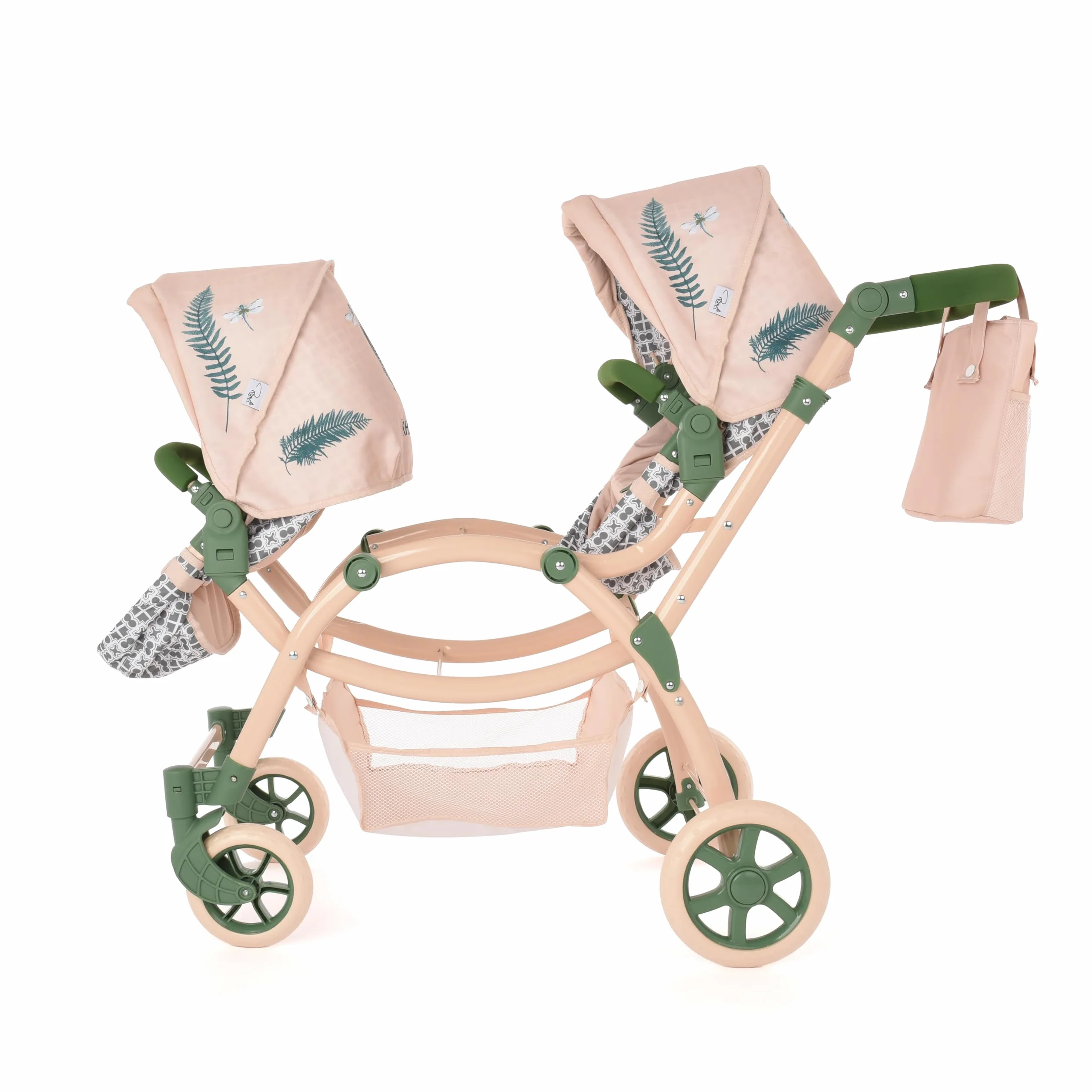 Roma RHS Passeggino doppio per bambole 36 mesi+, verde felce, tessuto riciclato ecologico, manico regolabile 69-84 cm, lunghezza 96-112 cm