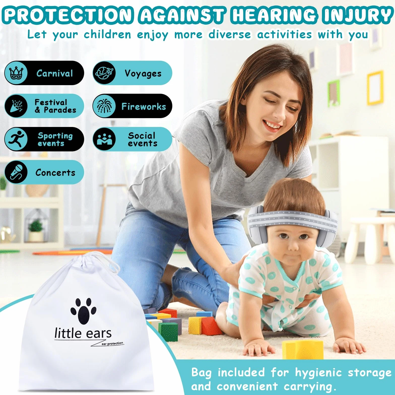 2 in 1 Cuffie Neonato Antirumore Neonati Bambini 0-4 anni Insonorizzate Rumore Aereo Concerto Bambina Protettori Acustici Protezione Udito Acustica Cuffia Morbida Baby Earmuffs + Campanelle da Polso