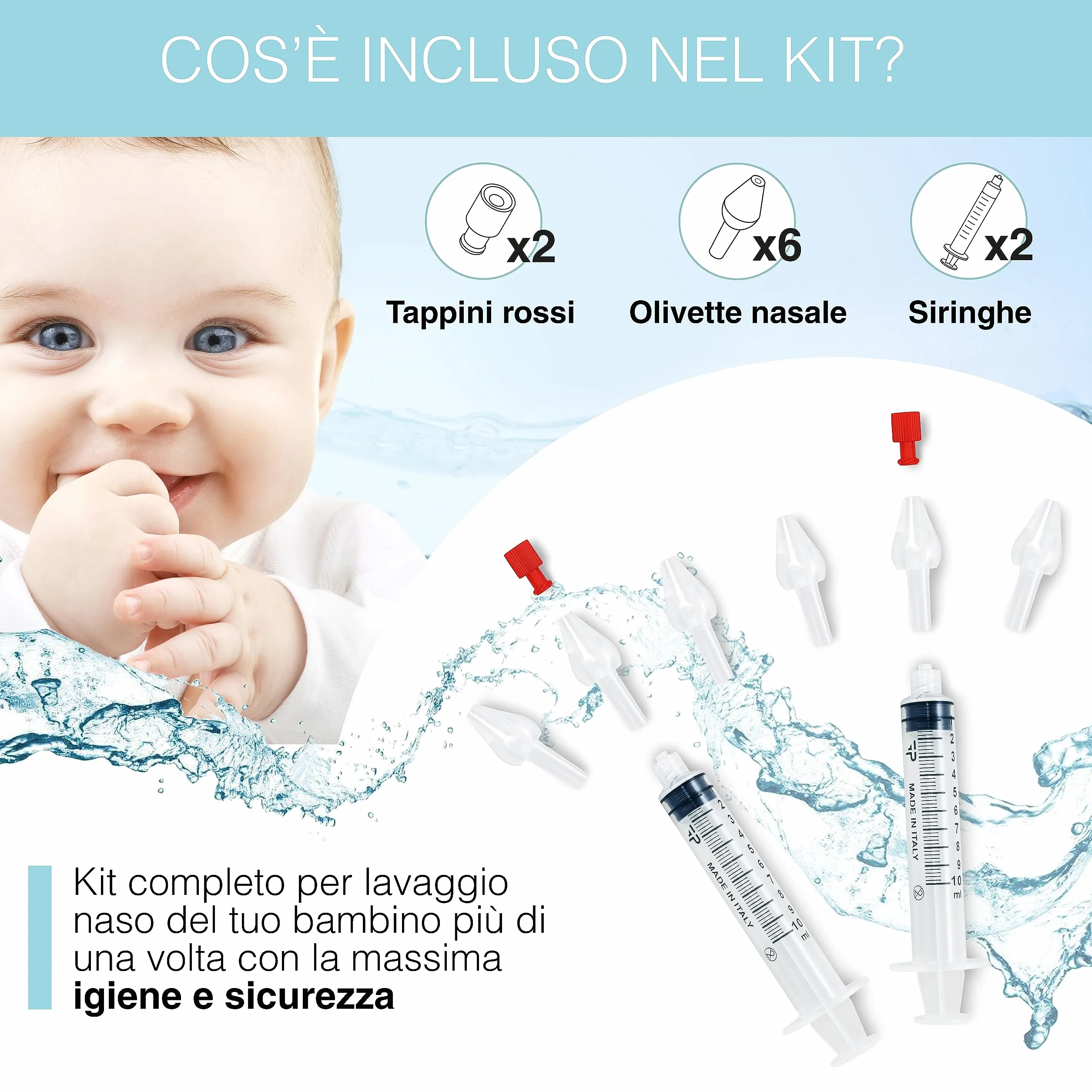 TRE PURI® 2 Siringa per Lavaggi Nasali Bambini e Neonato Made in Italy – Set Lavaggio Nasale Bambini e Adulti – Kit Professionale Siringhe e Olive per Soluzione Fisiologica – Tappini e E-book OMAGGIO
