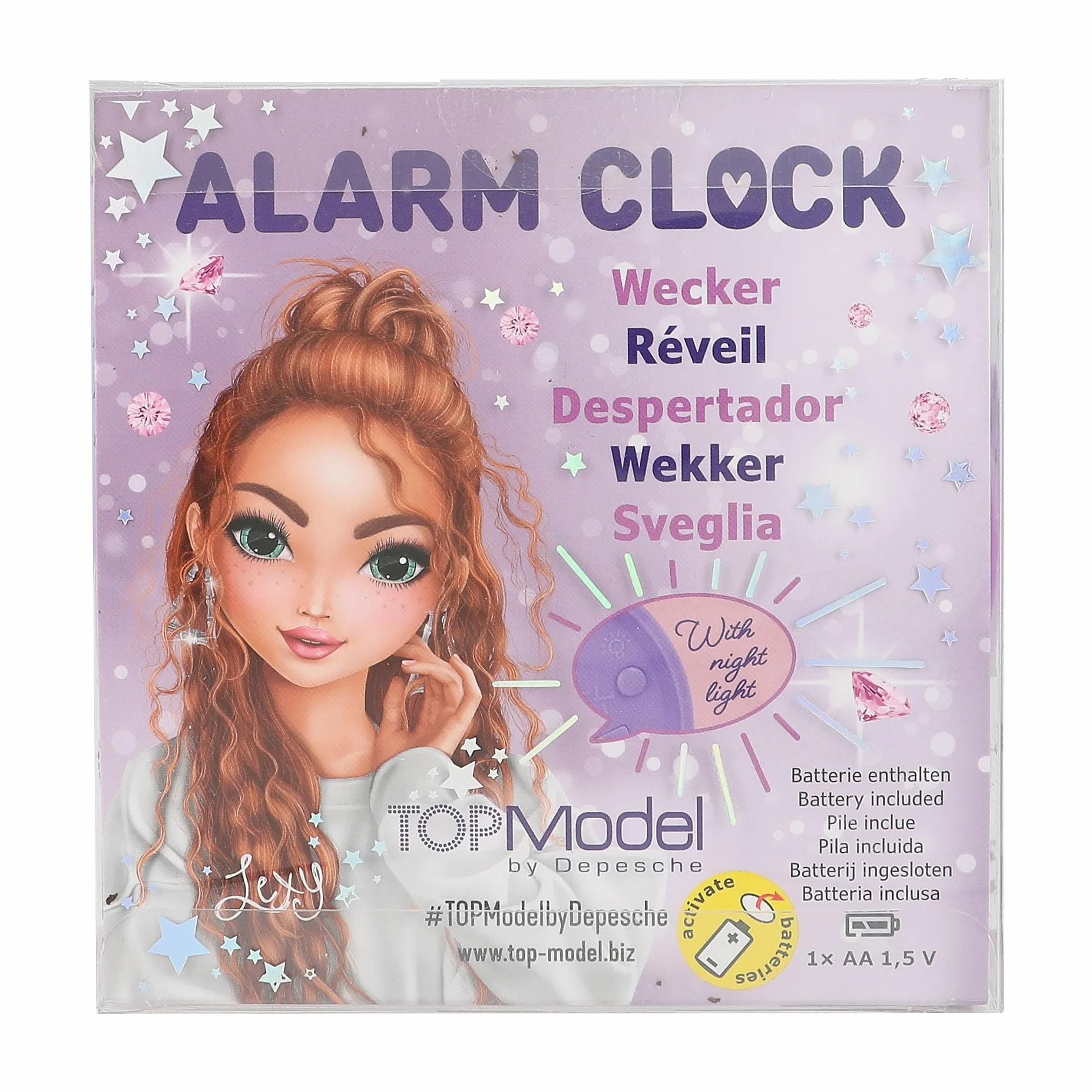 Depesche 12662 TOPModel Glitter Queen-Sveglia per Bambini in Viola con Motivo a modellino, Orologio Silenzioso con Funzione Luce, Batteria Inclusa, Colore