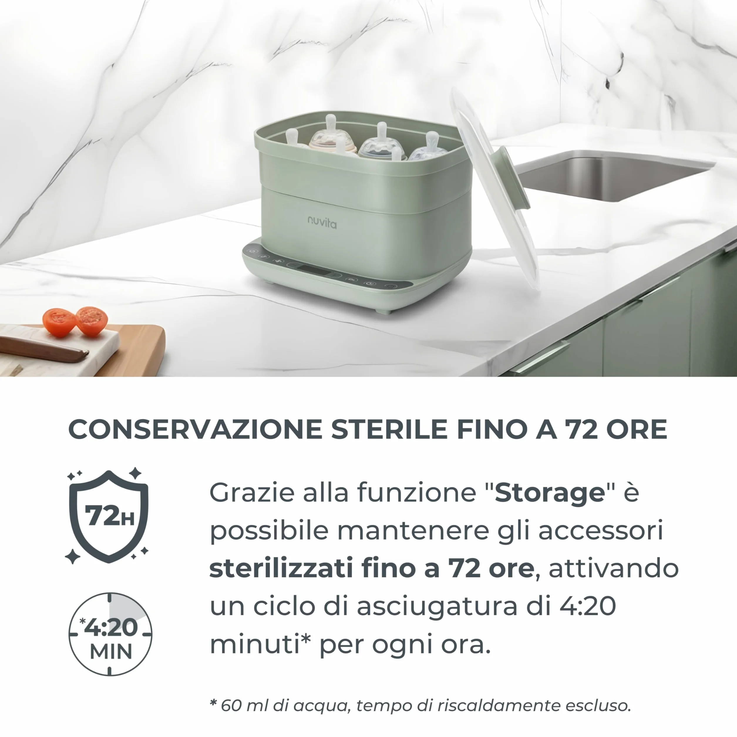 Nuvita 1088 SteriDry 2-in-1 Sterilizzatore e Asciugatore per Biberon - Sterilizzazione a Vapore 99,99%, Filtro HEPA per Asciugatura Purificata, Conservazione Sterile 72H, Grande Capacità, Timer