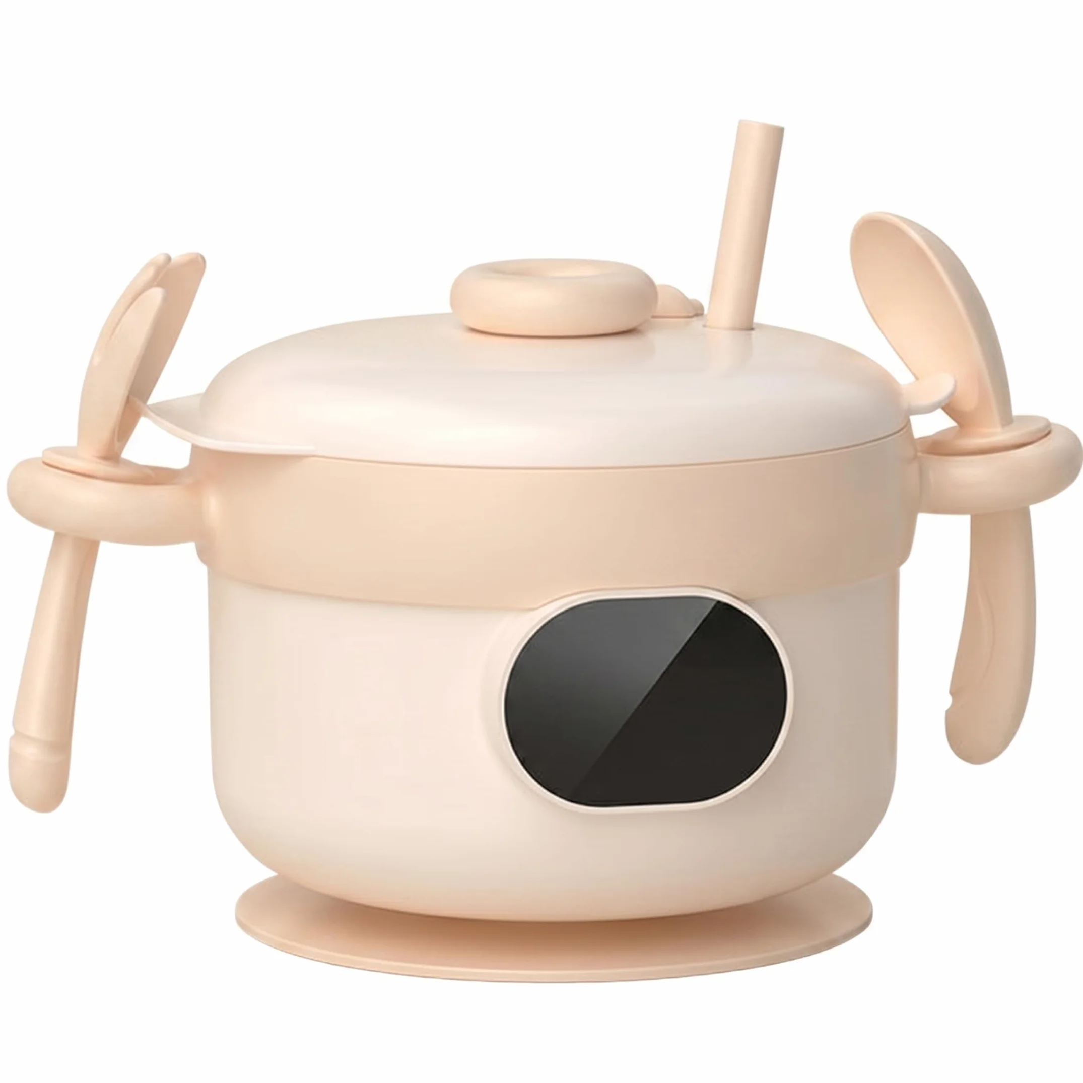 Scaldapappe intelligente ricaricabile con rivestimento in acciaio inossidabile, ciotole portatili a 3 temperature con cucchiaio, cannuccia e forchetta per la casa e l'esterno, Beige