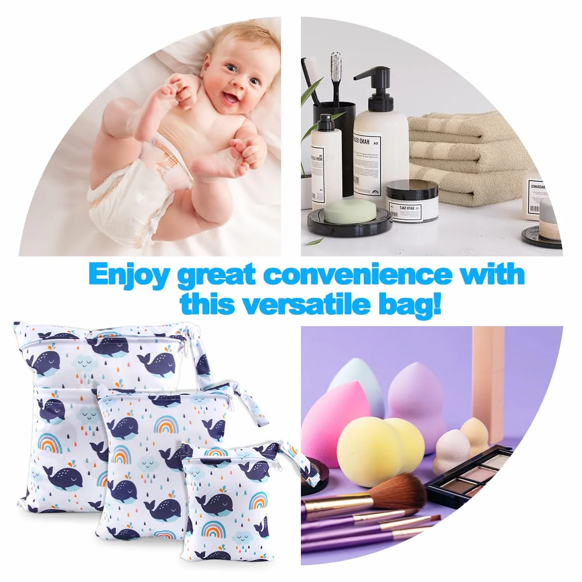 EKKONG Wetbag, 3 pezzi Wet Bag Borsa, Wetbag Pannolini Riutilizzabile, Borsa per Pannolini Lavabili Riutilizzabile, Sacchetto del Pannolino Lavabile con Zip Impermeabile Organizzatore (Balene)