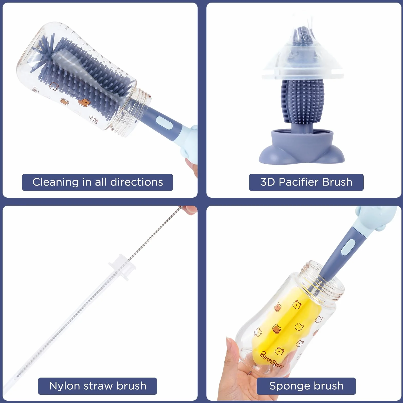 AiQInu Spazzola per Biberon, 4 in 1 in Silicone, Senza BPA per Tutti i Tipi di Bottiglie con Spazzola per Capezzoli, Cannuccia e Biberon a Tesa Larga
