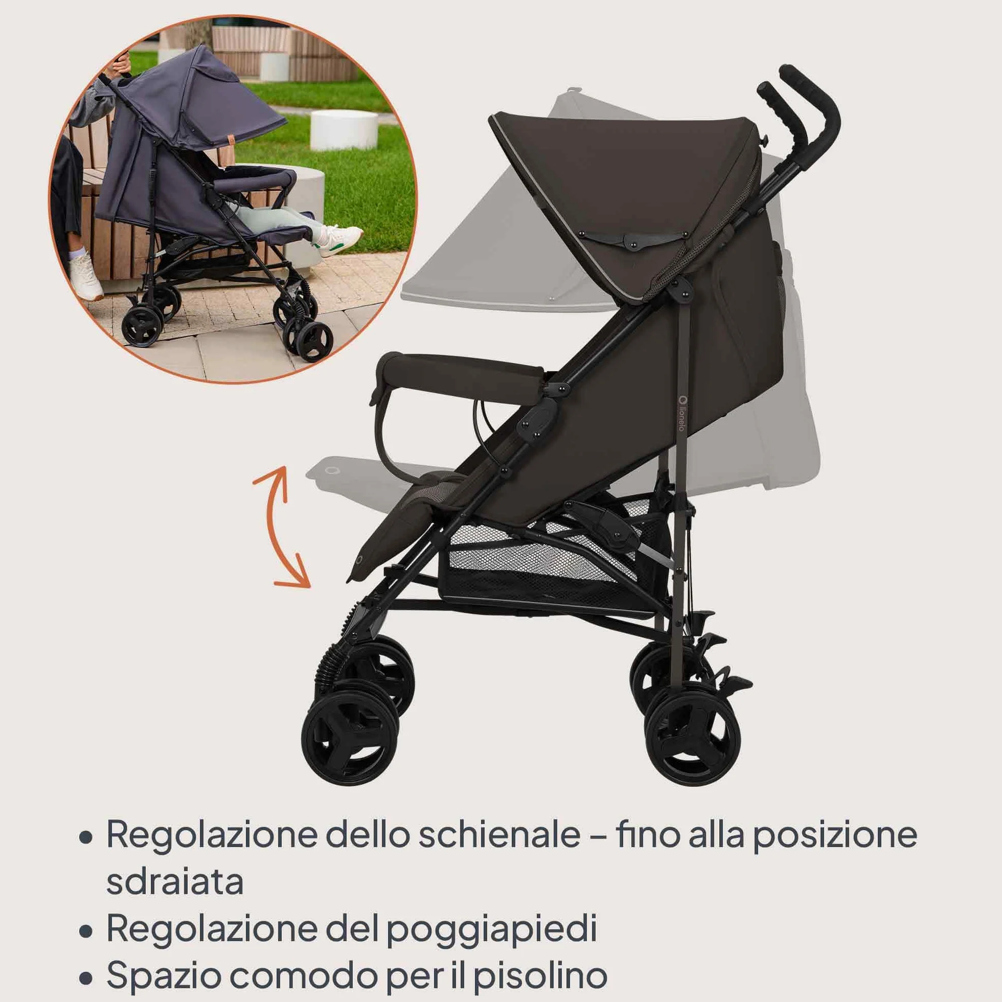 LIONELO ELIA Passeggino Leggero Pieghevole e Compatto da Viaggio per Bambini, Schienale Reclinabile Sdraiato, Cinture a 5 Punti, Cappottina UV e Grande Cestino Portaoggetti, 6-36 Mesi fino a 15 kg