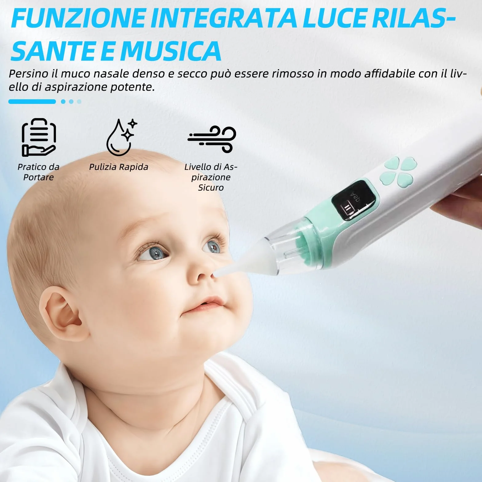 Aspiratore nasale per bambini, potenza di aspirazione regolabile a 3 livelli, 4 testine in silicone, funzione musica e luce, adatto per neonati, lattanti e bambini piccoli