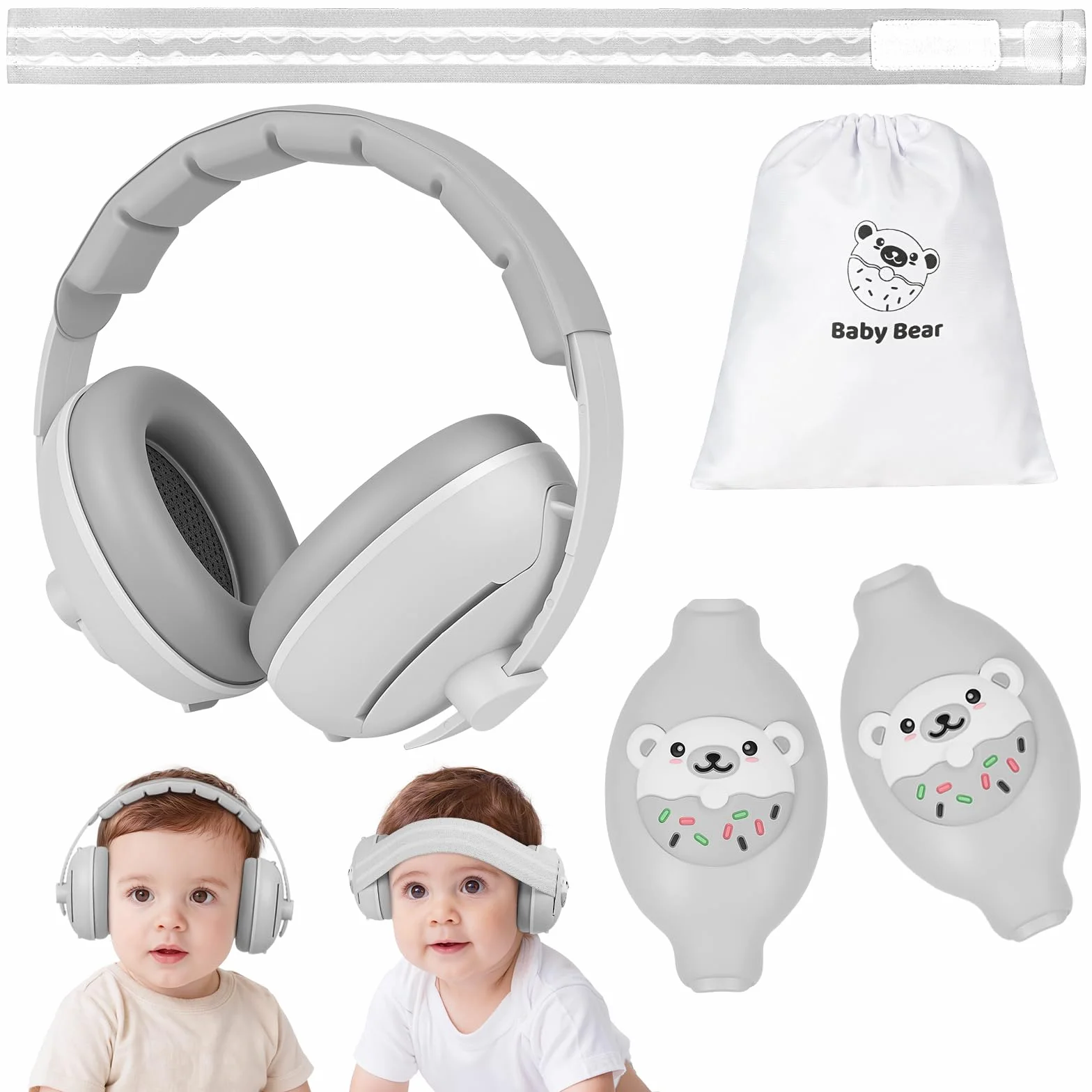 Cuffie antirumore 2 in 1 per bambini, antiscivolo, con cancellazione del rumore, ultra morbide e regolabili fino a 0-48 mesi, protezione dell'udito per dormire e viaggiare