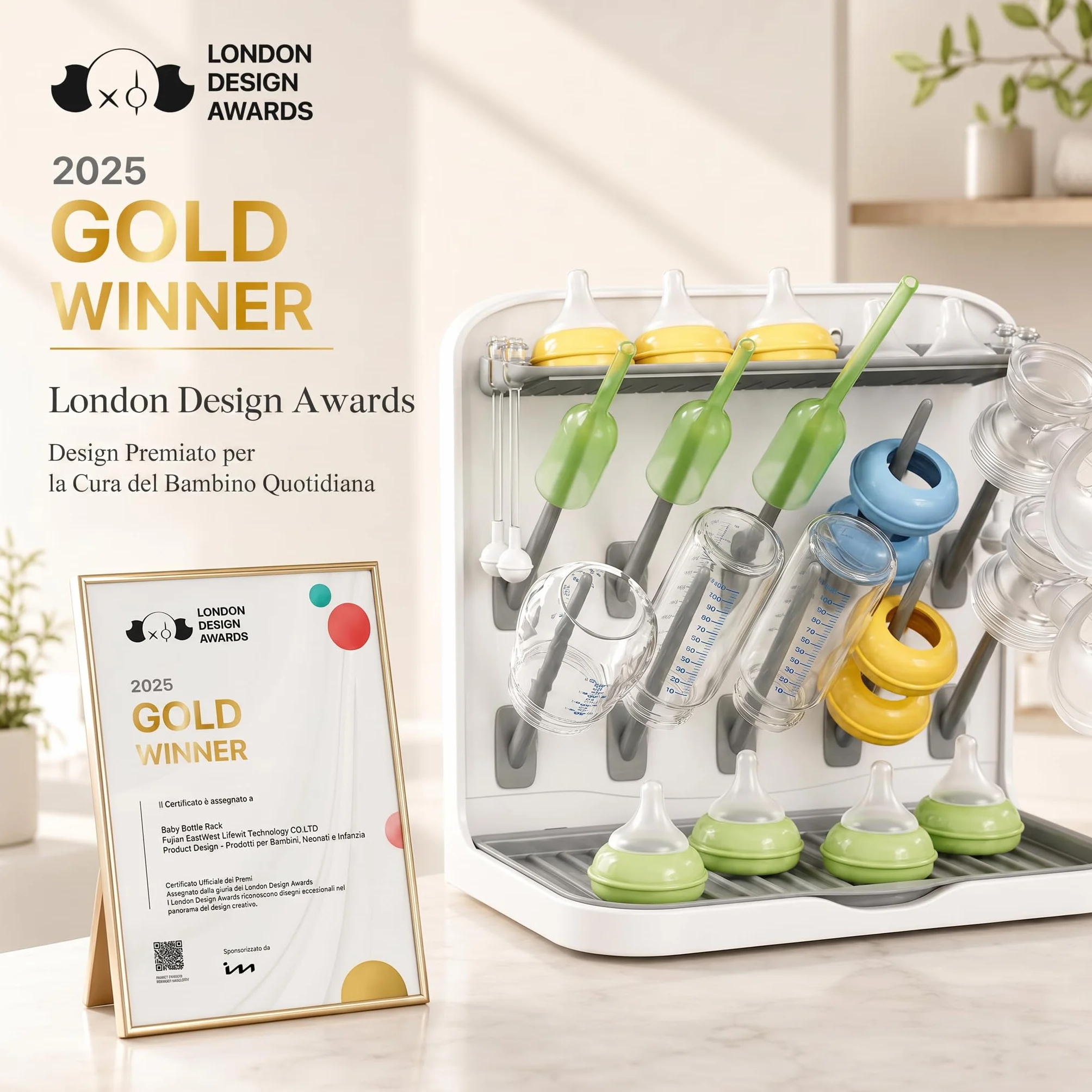 Lifewit Grande Scolabiberon, Scolabiberon Verticale con 10 Ganci e Contenitore per Tettarelle Rimovibile, Adatto a Cannucce a Pressione e Accessori per Tiralatte